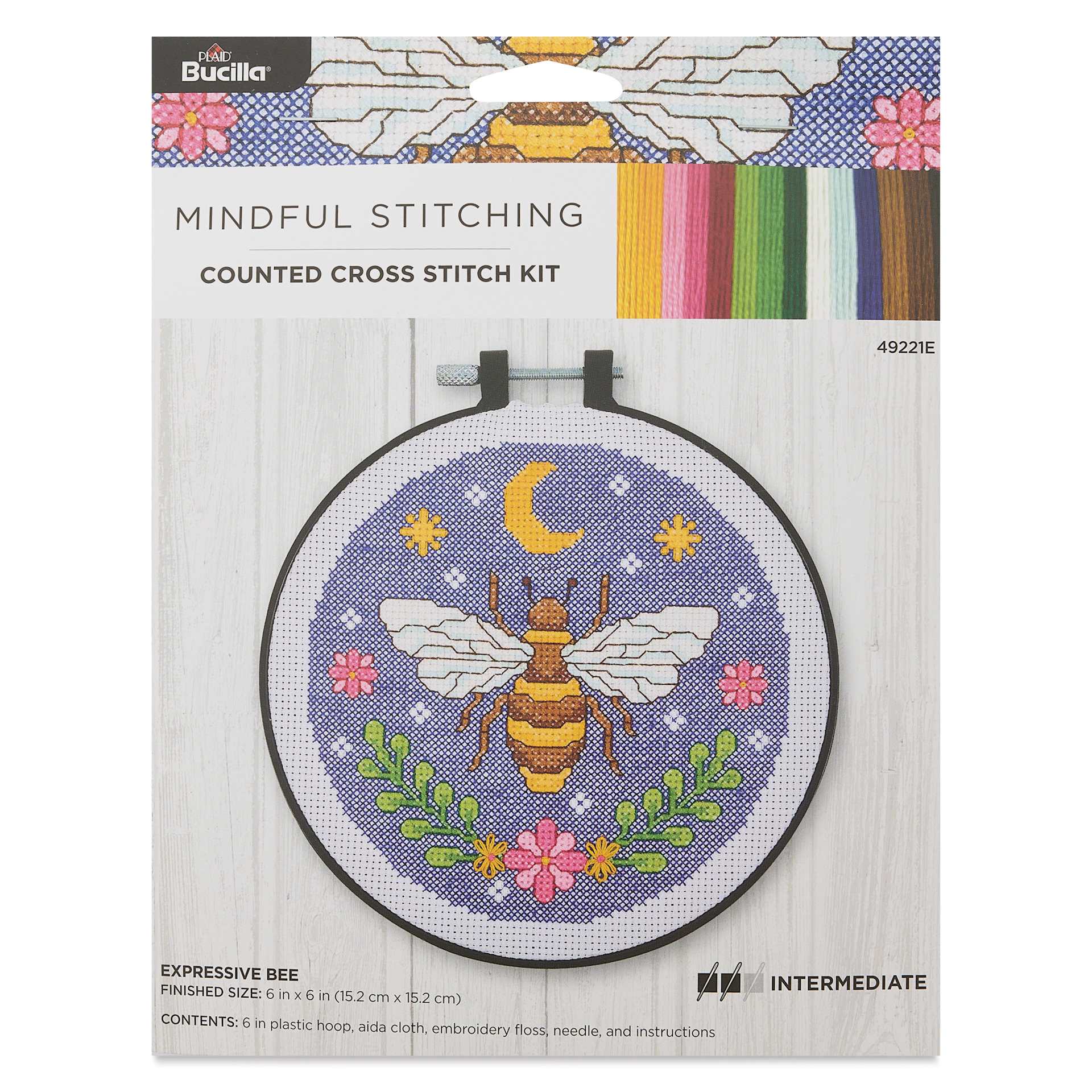 Bucilla Mindful Stitching Counted Cross Stitch Kit - Expressive Bee, 6" front of packaging