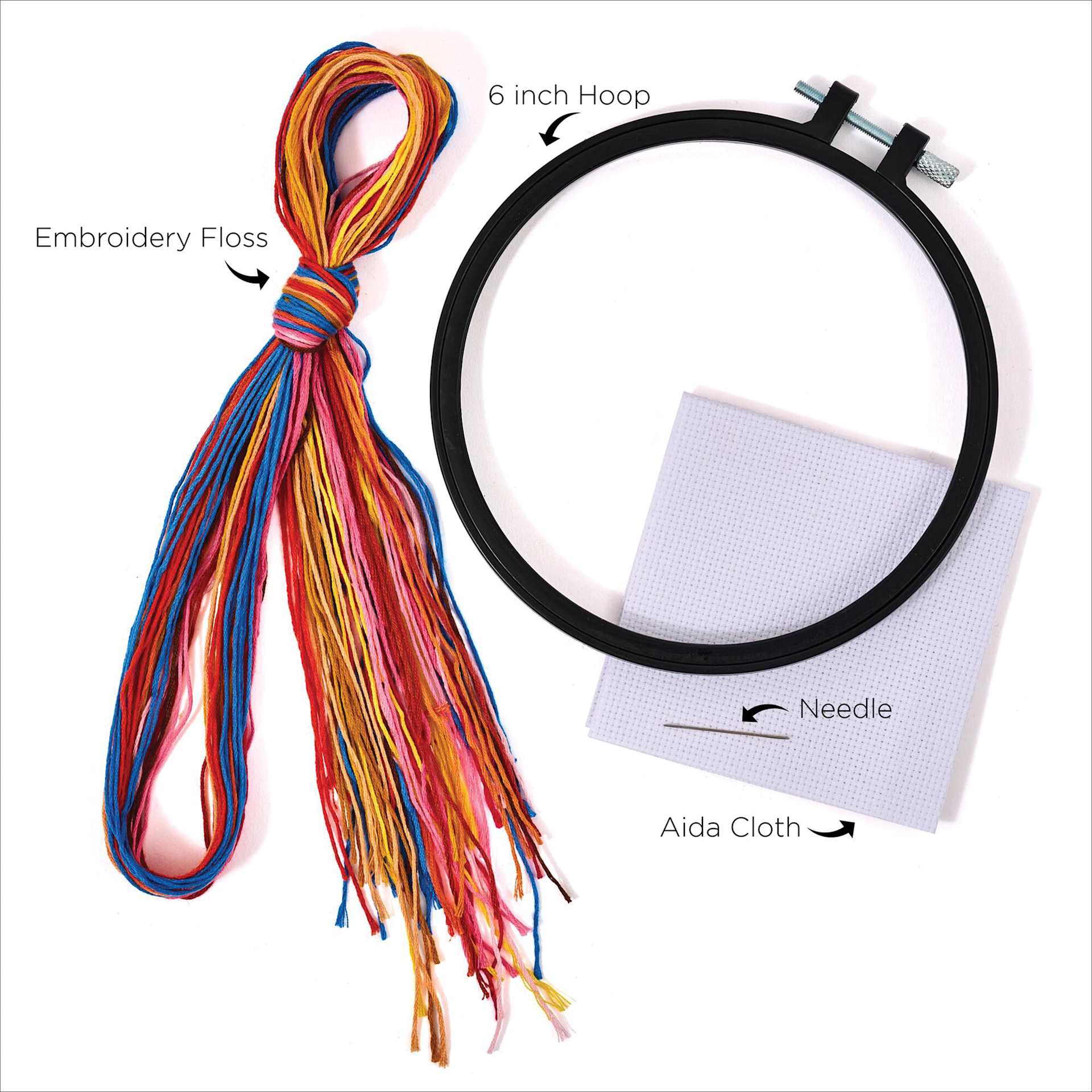 Embroidery Floss, 6 inch Hoop, Needle, and Aida Cloth