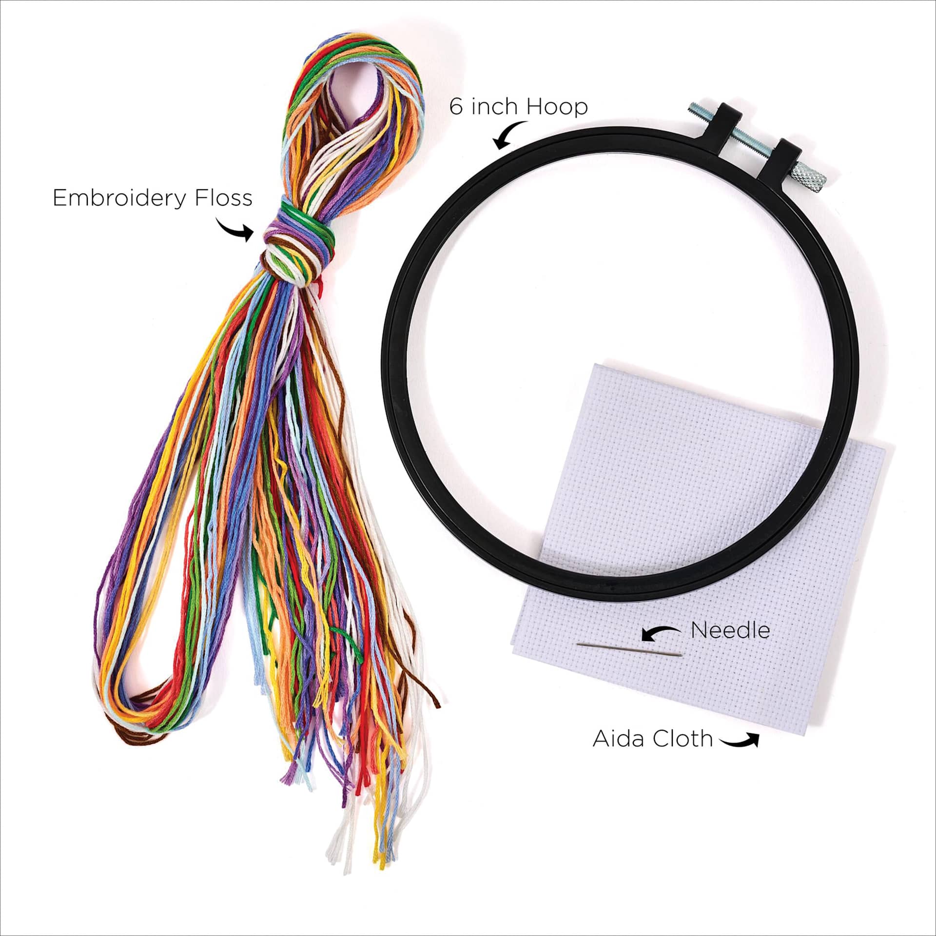 Embroidery Floss, 6 inch Hoop, Needle, and Aida Cloth