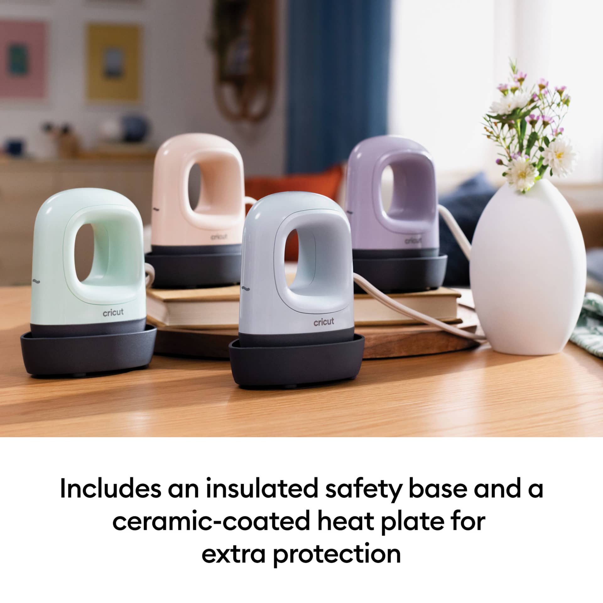 Includes an insulated safety base and a ceramic-coated heat plate for extra protection.