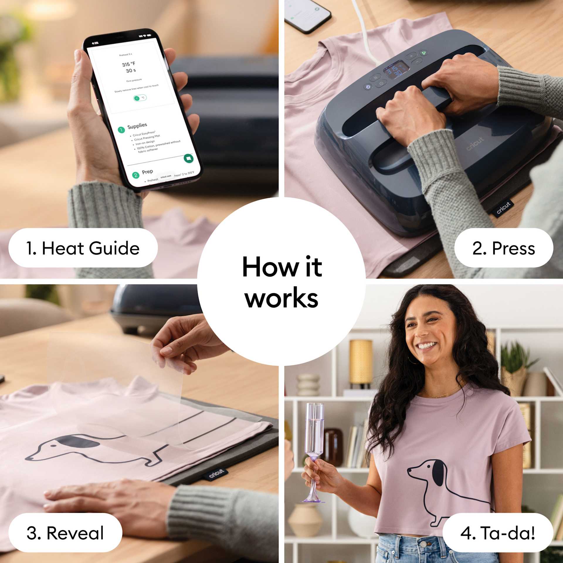 How it works. 1. Heat Guide. 2. Press. 3. Reveal. 4. Ta-da!