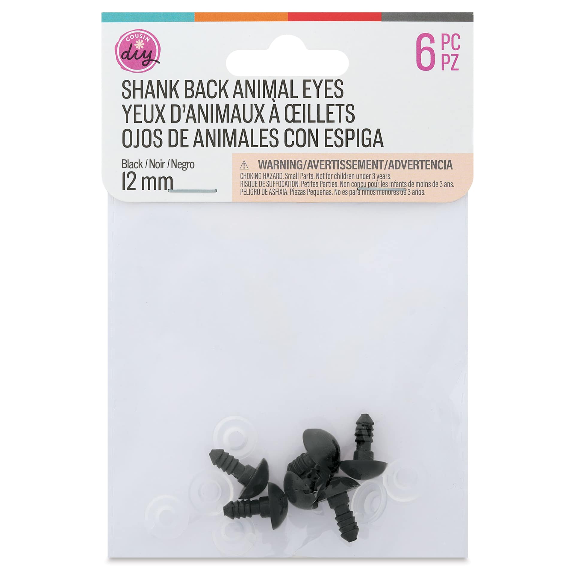 Cousin DIY Shank Back Animal Eyes - Pkg of 6, Solid Black, 12 mm front of packaging