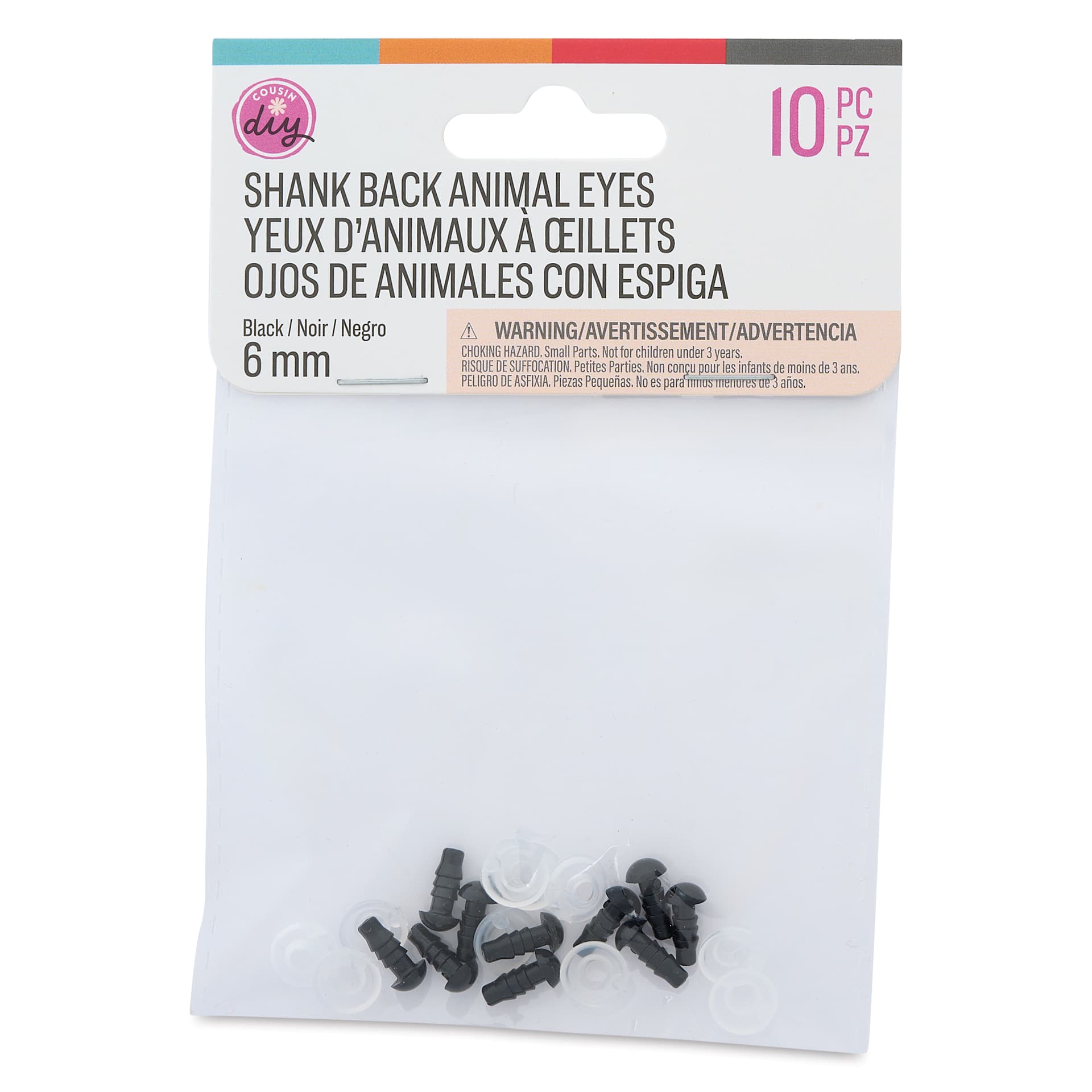 Cousin DIY Shank Back Animal Eyes - Pkg of 10, Solid Black, 6 mm front of packaging