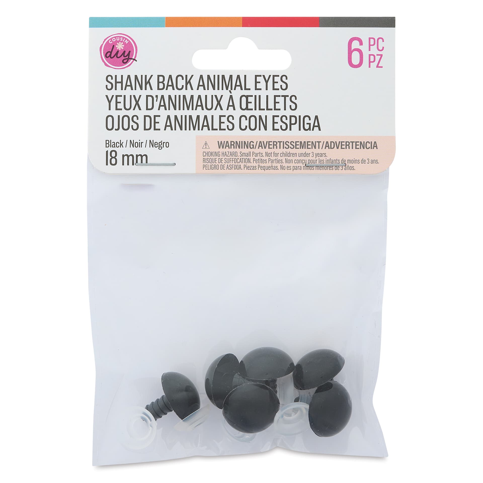 Cousin DIY Shank Back Animal Eyes - Pkg of 6, Solid Black, 18 mm front of packaging