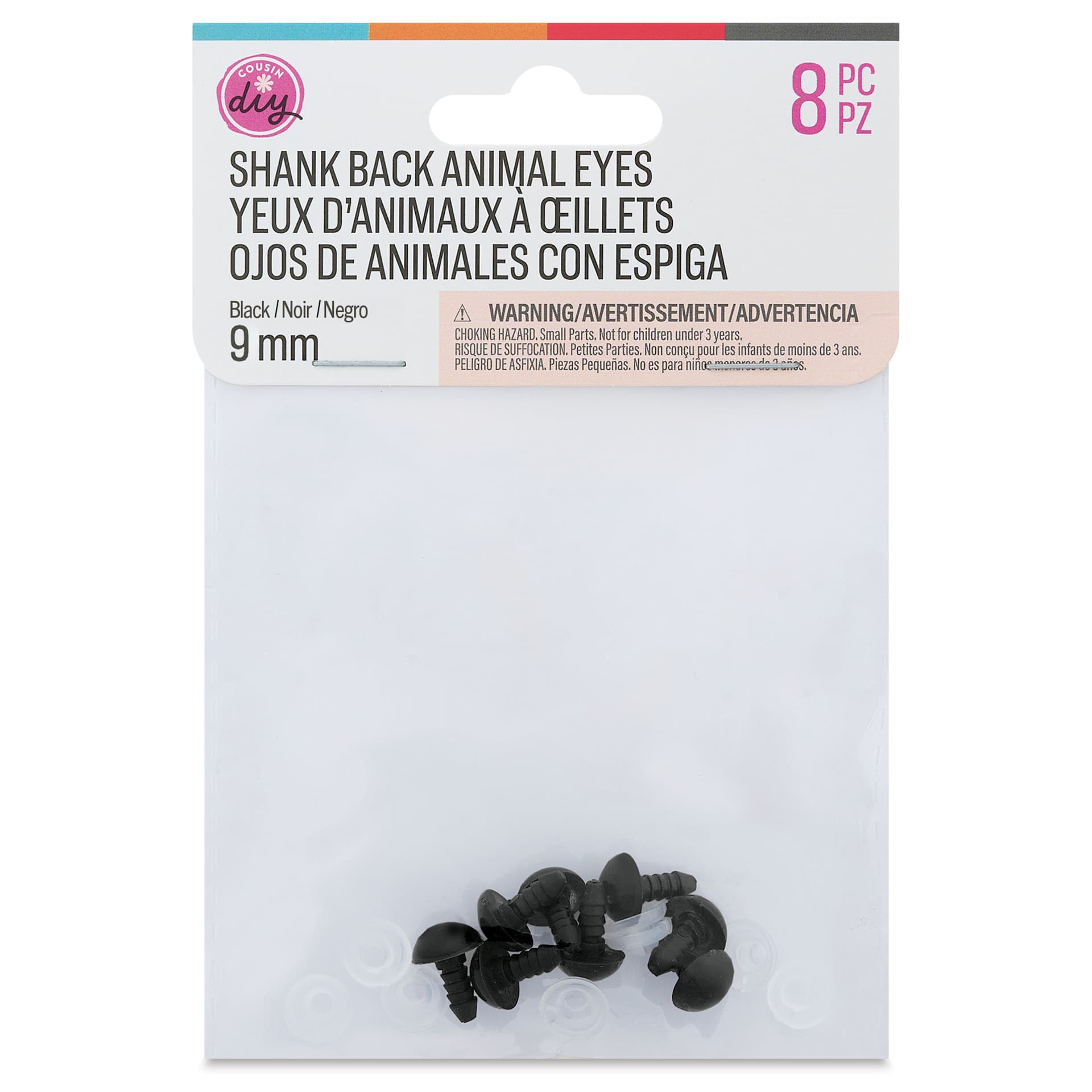 Cousin DIY Shank Back Animal Eyes - Pkg of 8, Solid Black, 9 mm front of packaging