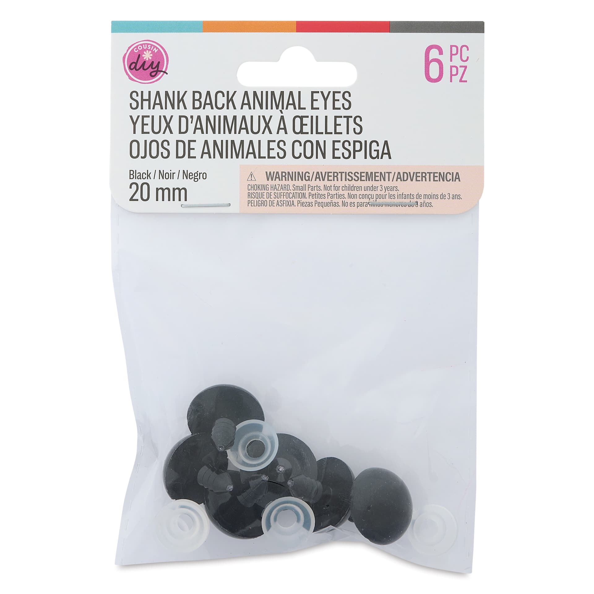 Cousin DIY Shank Back Animal Eyes - Pkg of 6, Animal Black, 20 mm front of packaging