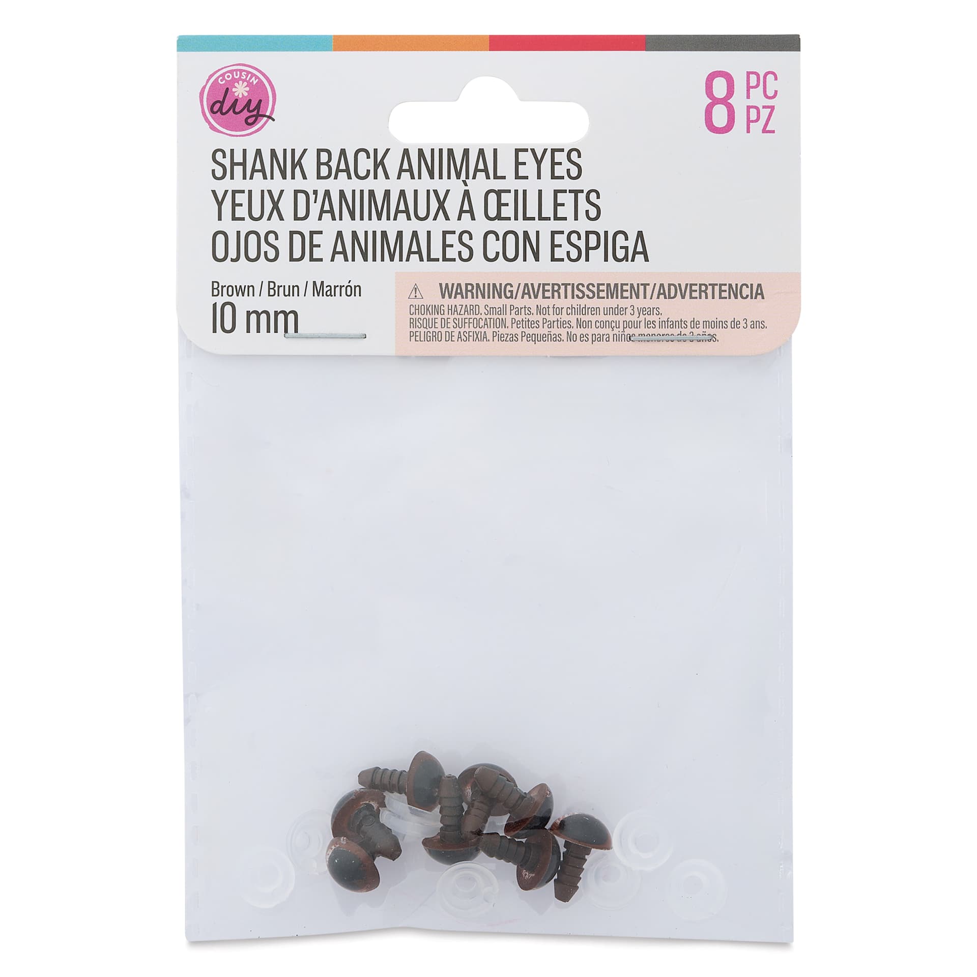 Cousin DIY Shank Back Animal Eyes - Pkg of 8, Solid Brown, 10 mm front of packaging