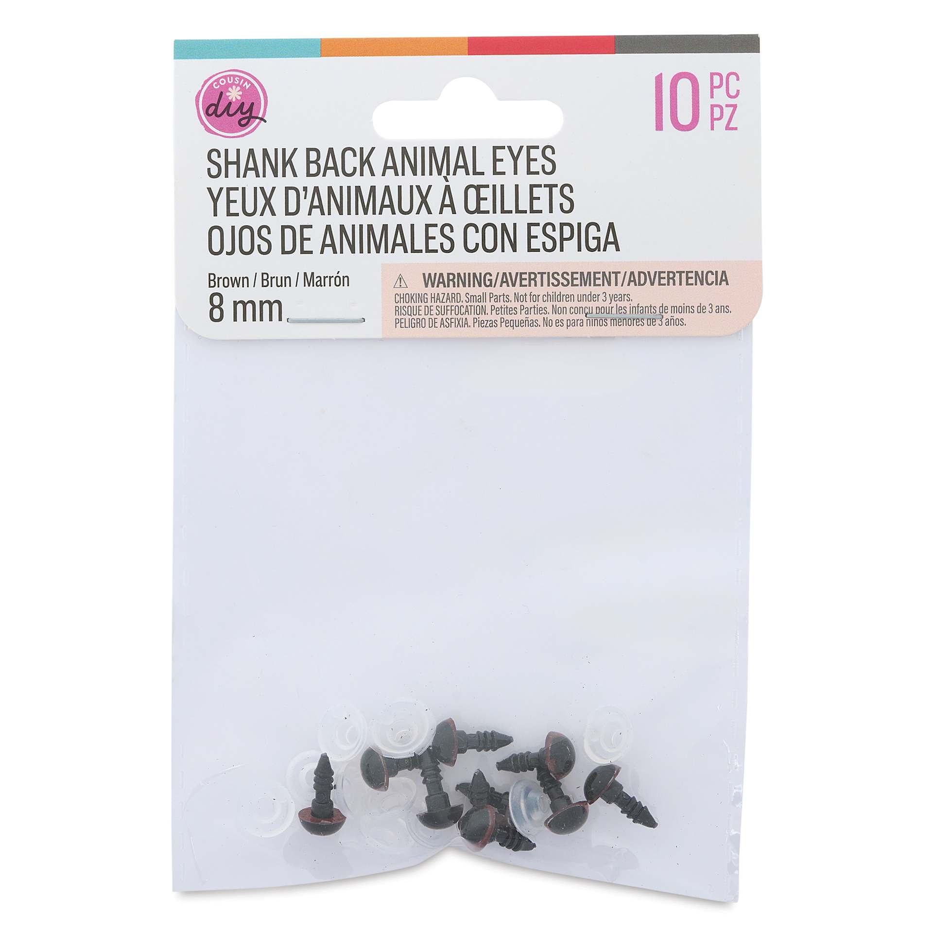 Cousin DIY Shank Back Animal Eyes - Pkg of 10, Solid Brown, 8 mm front of packaging