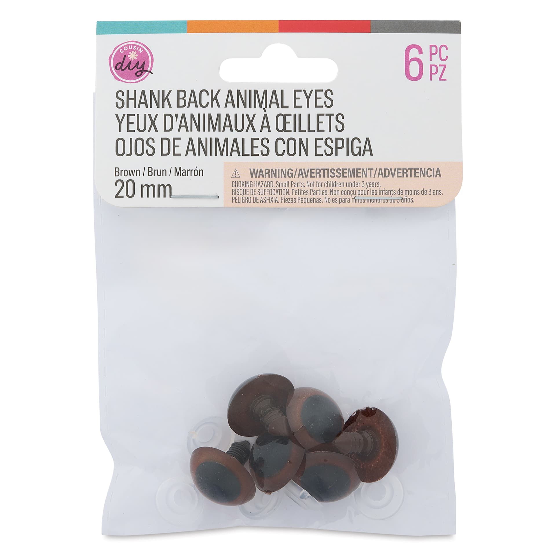 Cousin DIY Shank Back Animal Eyes - Pkg of 6, Animal Brown, 20 mm front of packaging