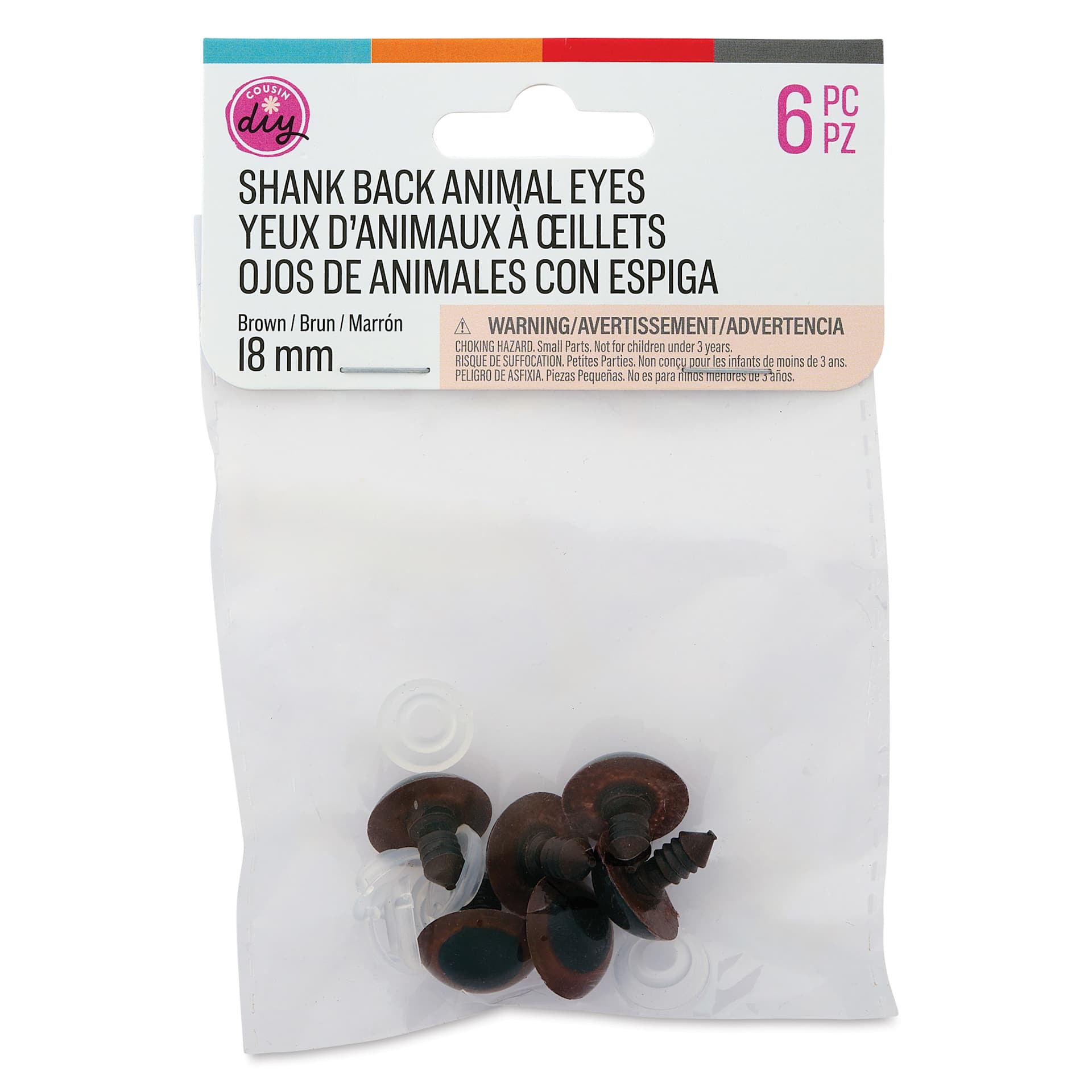Cousin DIY Shank Back Animal Eyes - Pkg of 6, Animal Brown, 18 mm front of packaging