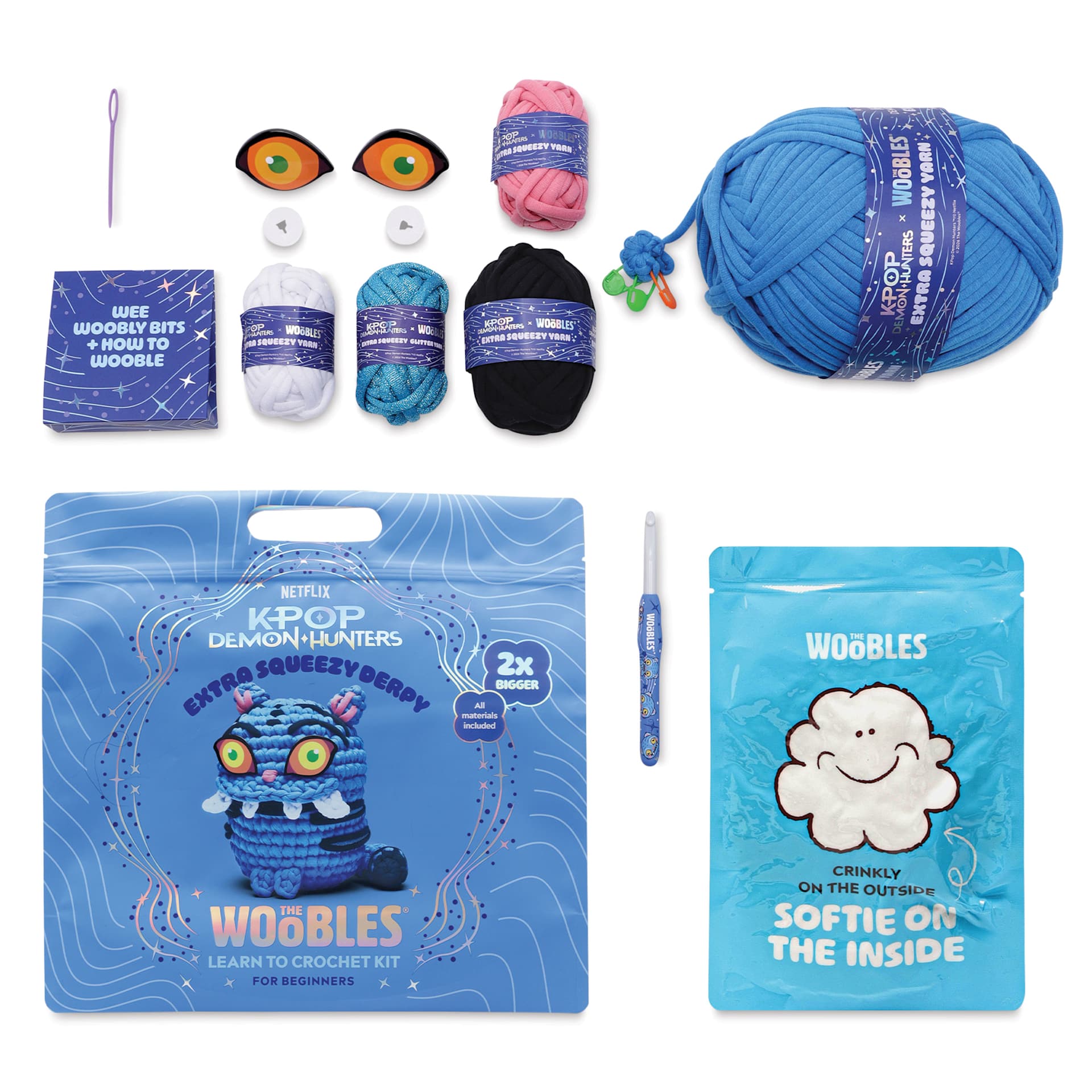 The Woobles Extra Squeezy Crochet Kit - Derpy the Tiger contents with packaging