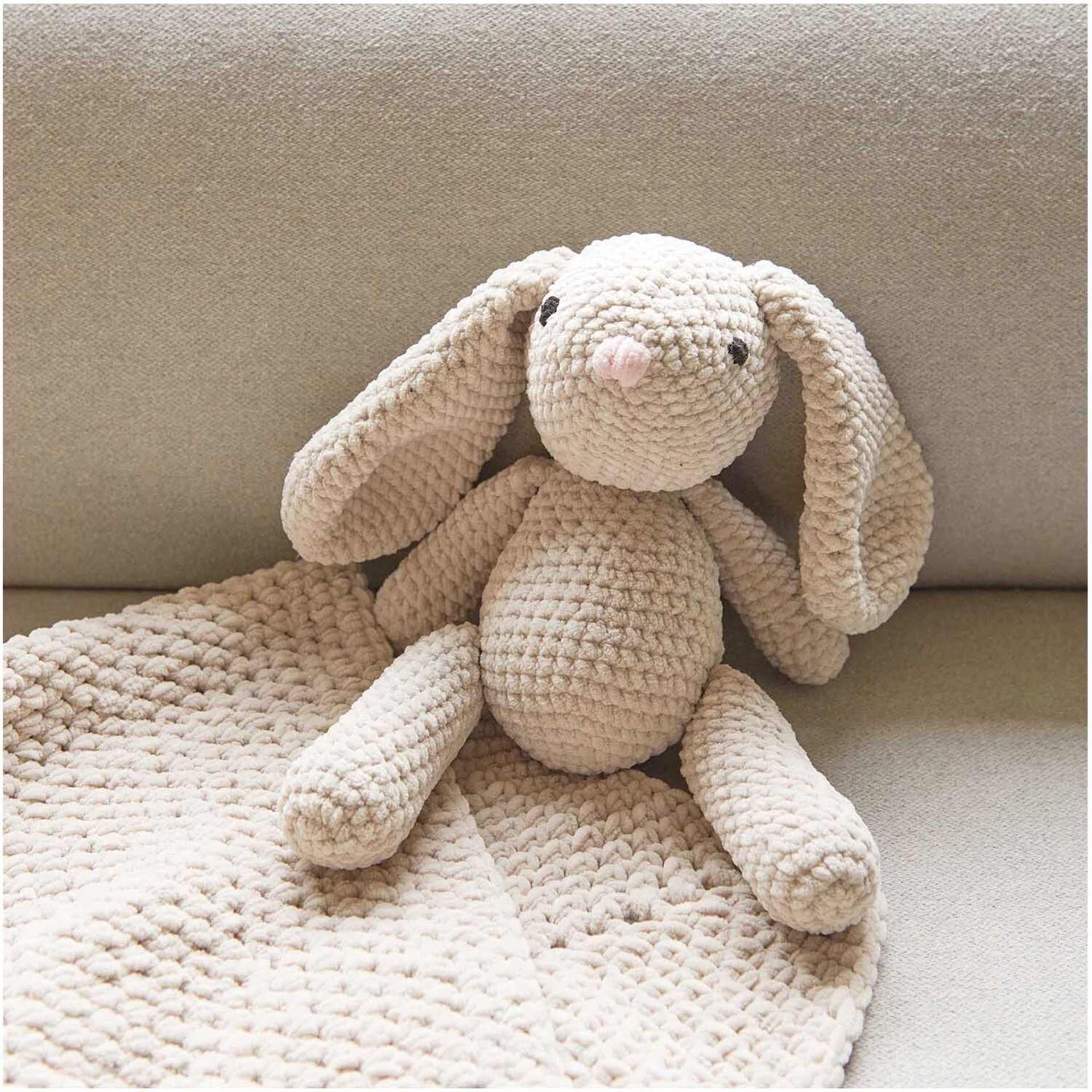 Rico Design Creative Chenillove Yarn - Ecru, 120 yds showing  completed rabbit stuffed animal project