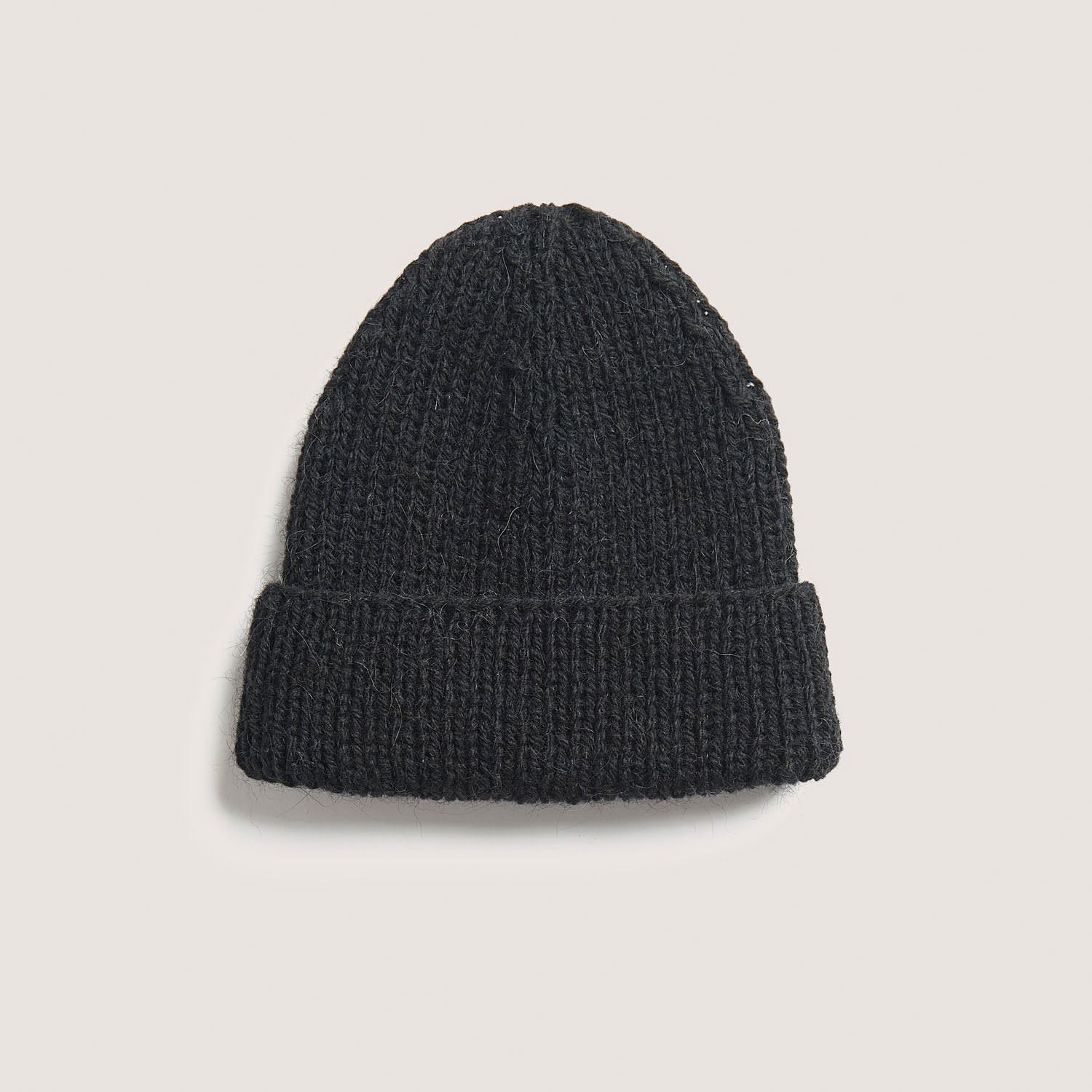 Rico Design Soft Alpaca Yarn - Black, 137 yds showing completed hat project