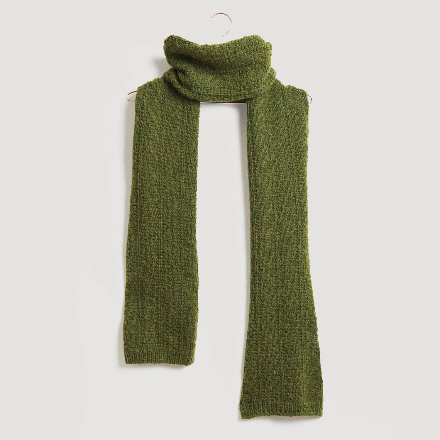 Rico Design Soft Alpaca Yarn - Olive, 137 yds showing completed scarf project