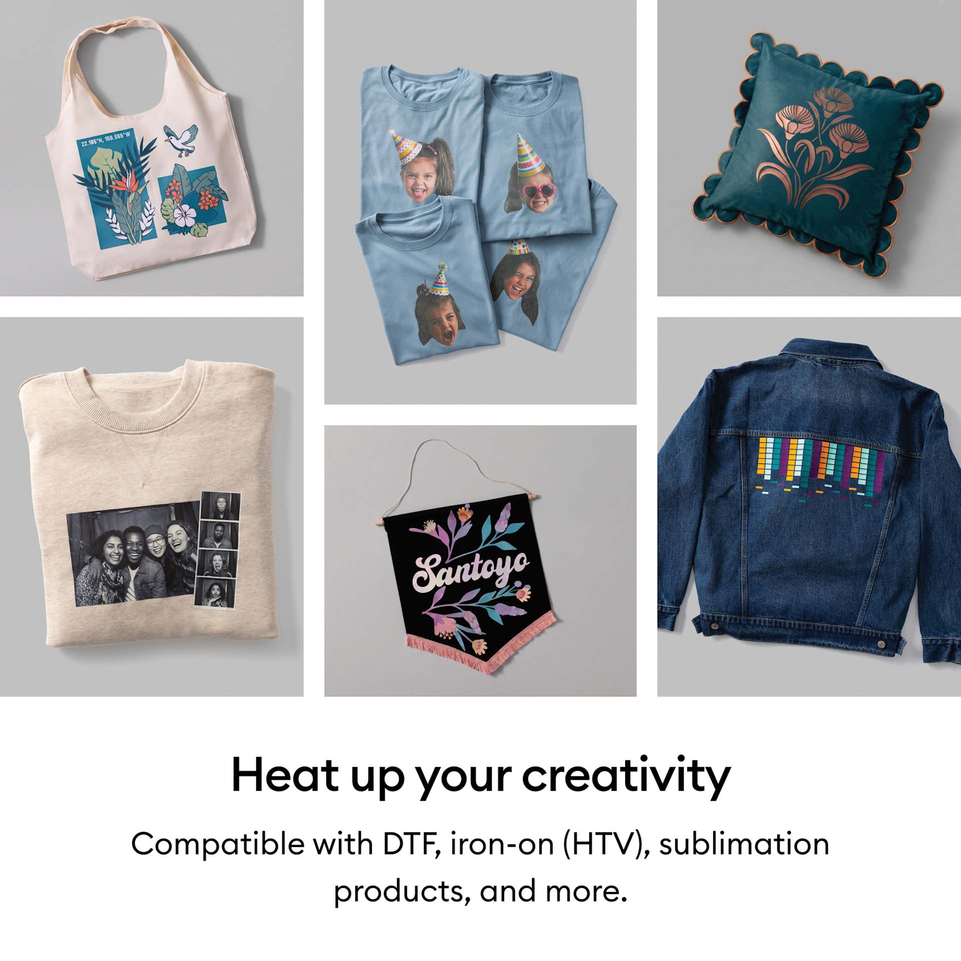 Heat up your creativity: compatible with DTF, iron-on (HTV), sublimation products, and more.