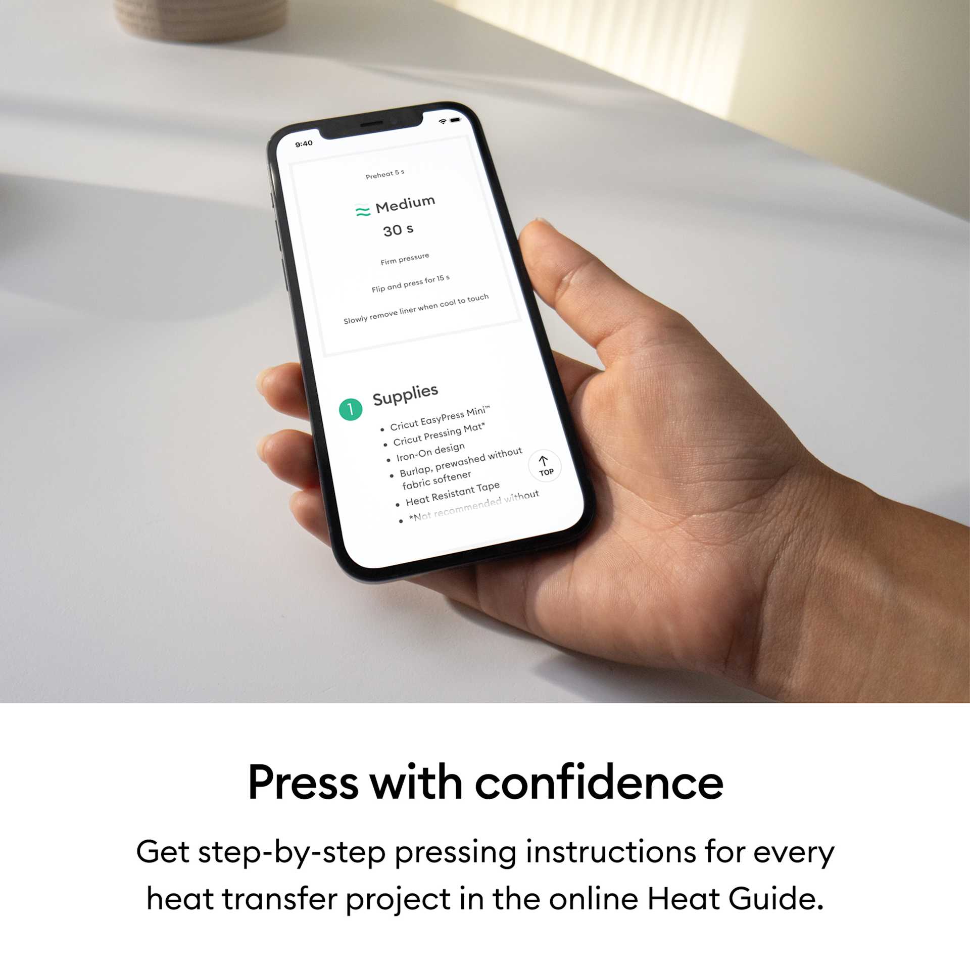 Press with confidence: Get step-by-step pressing instructions for every heat transfer project in the online Heat Guide.