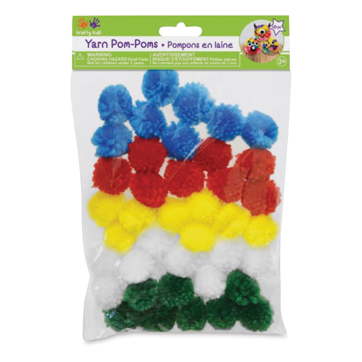 Krafty Kids Yarn Pom Poms - Primary, 1", Package of 40 (In packaging)