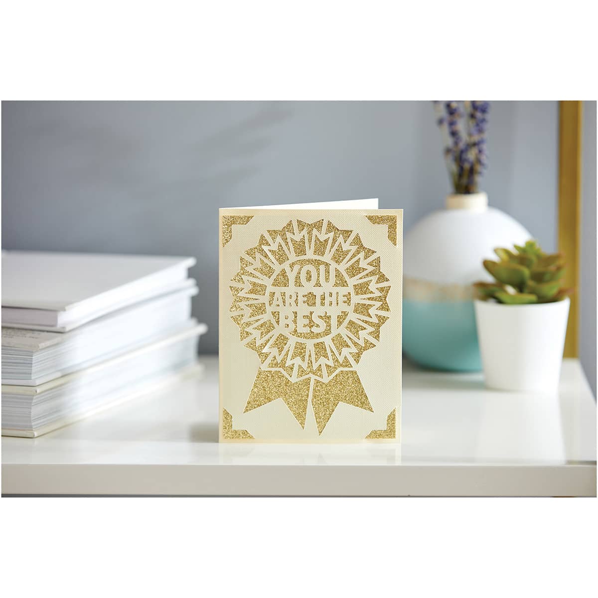 Cricut Joy Cards, Inserts, and Envelopes - Cream/Gold Glitter, Package of 10 ('You Are The Best' Ribbon Card)