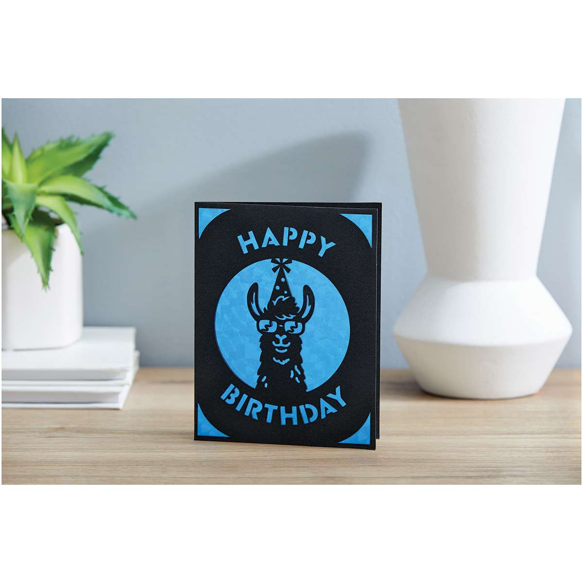 Cricut Joy Cards, Inserts, and Envelopes - Merriweather, Package of 10 (Llama Happy Birthday Card with Neon Blue Crystal Insert)