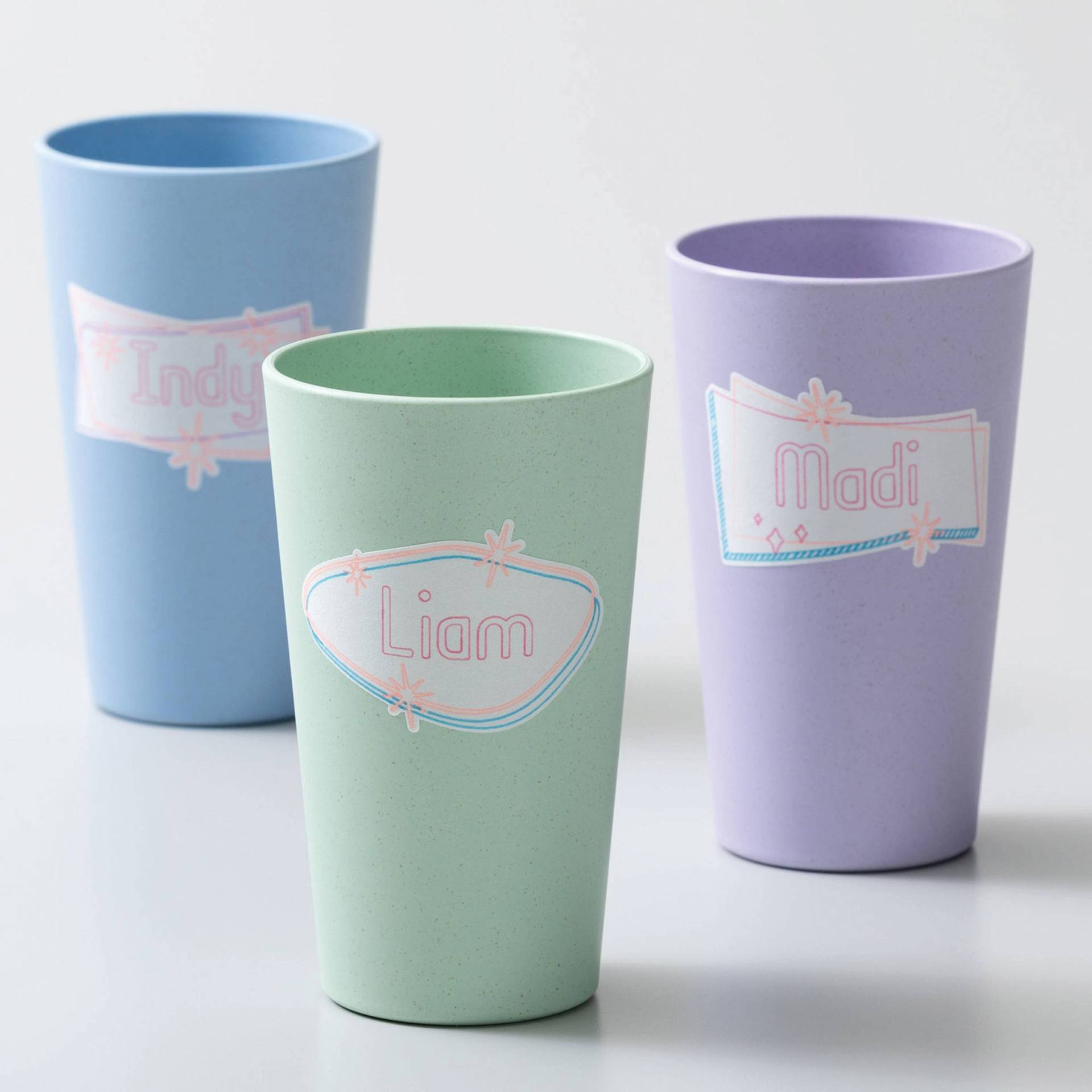 Cricut Joy Smart Label Dissolvable Paper, three cups with labels