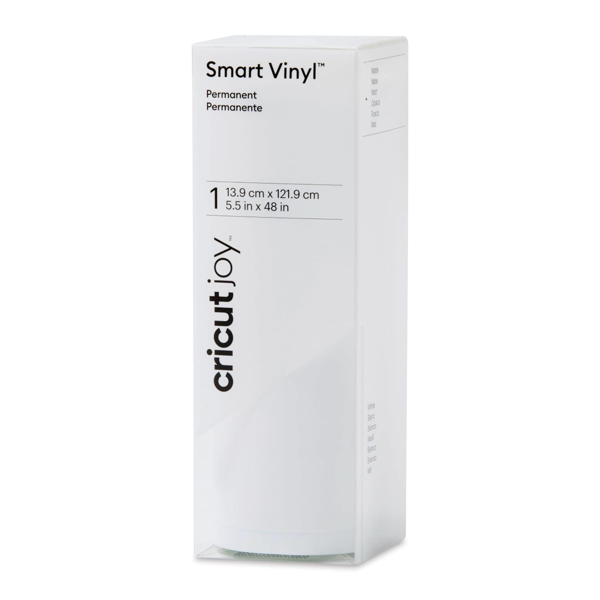 Cricut Joy Permanent Smart Vinyl - White, Matte, 5-1/2" x 48", roll inside of the packaging