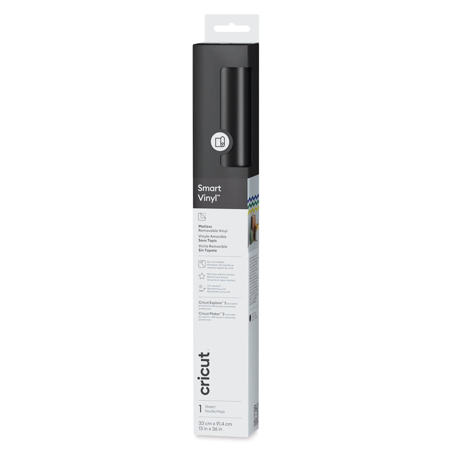 Cricut Removable Smart Vinyl - Black, 13" x 3 ft, Roll front of packaging