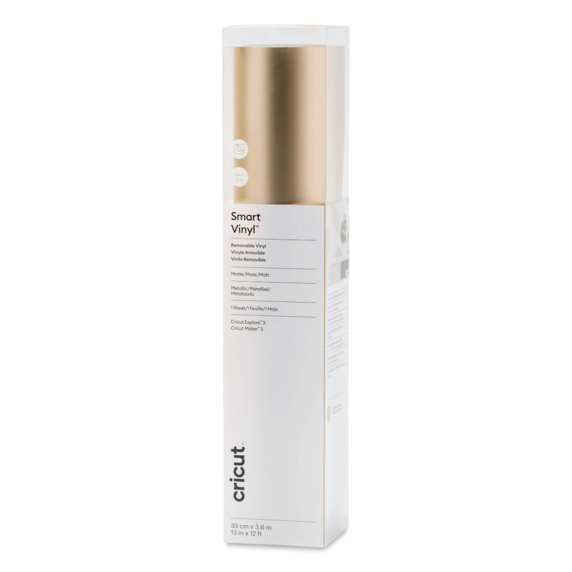 Cricut Removable Smart Vinyl - Metallic Champagne, 13" x 12 ft, roll inside of the packaging