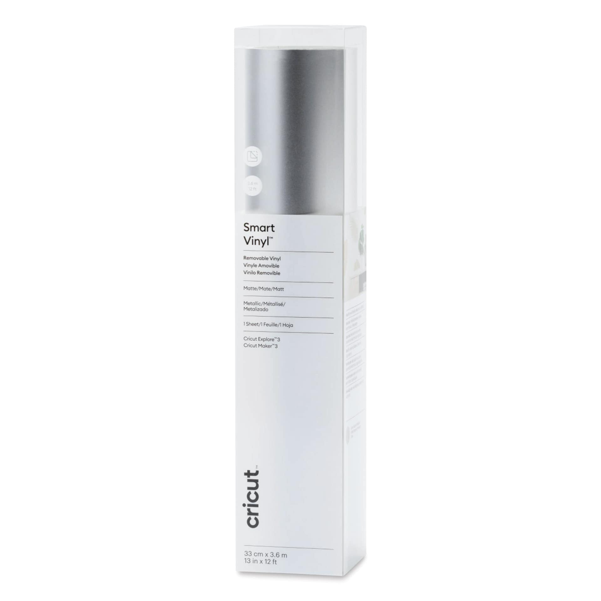Cricut Removable Smart Vinyl - Metallic Silver, 13" x 12 ft, roll inside of the packaging