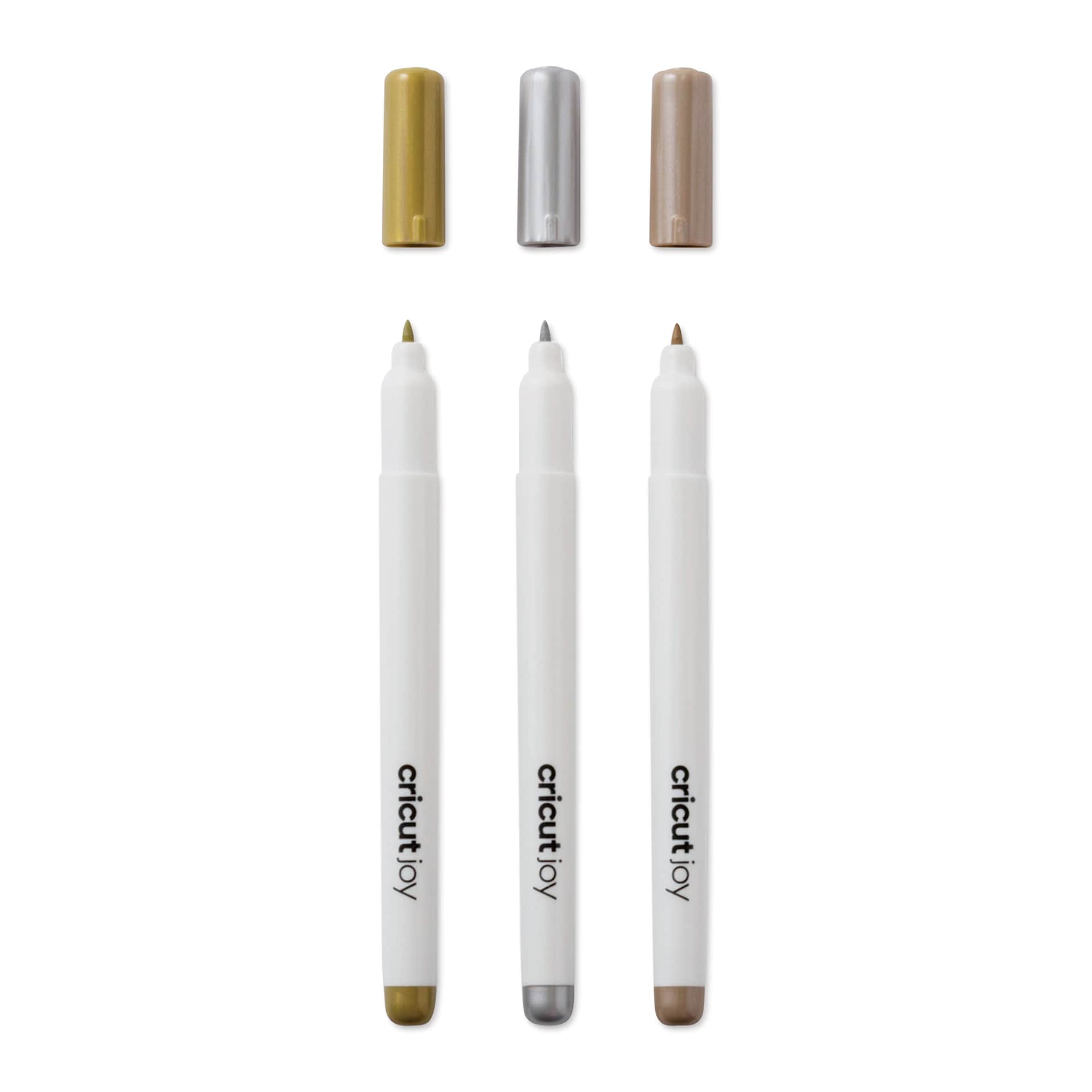 Cricut Joy Permanent Markers - C, Metallic Assorted, Set of 3, outside of the packaging with caps off