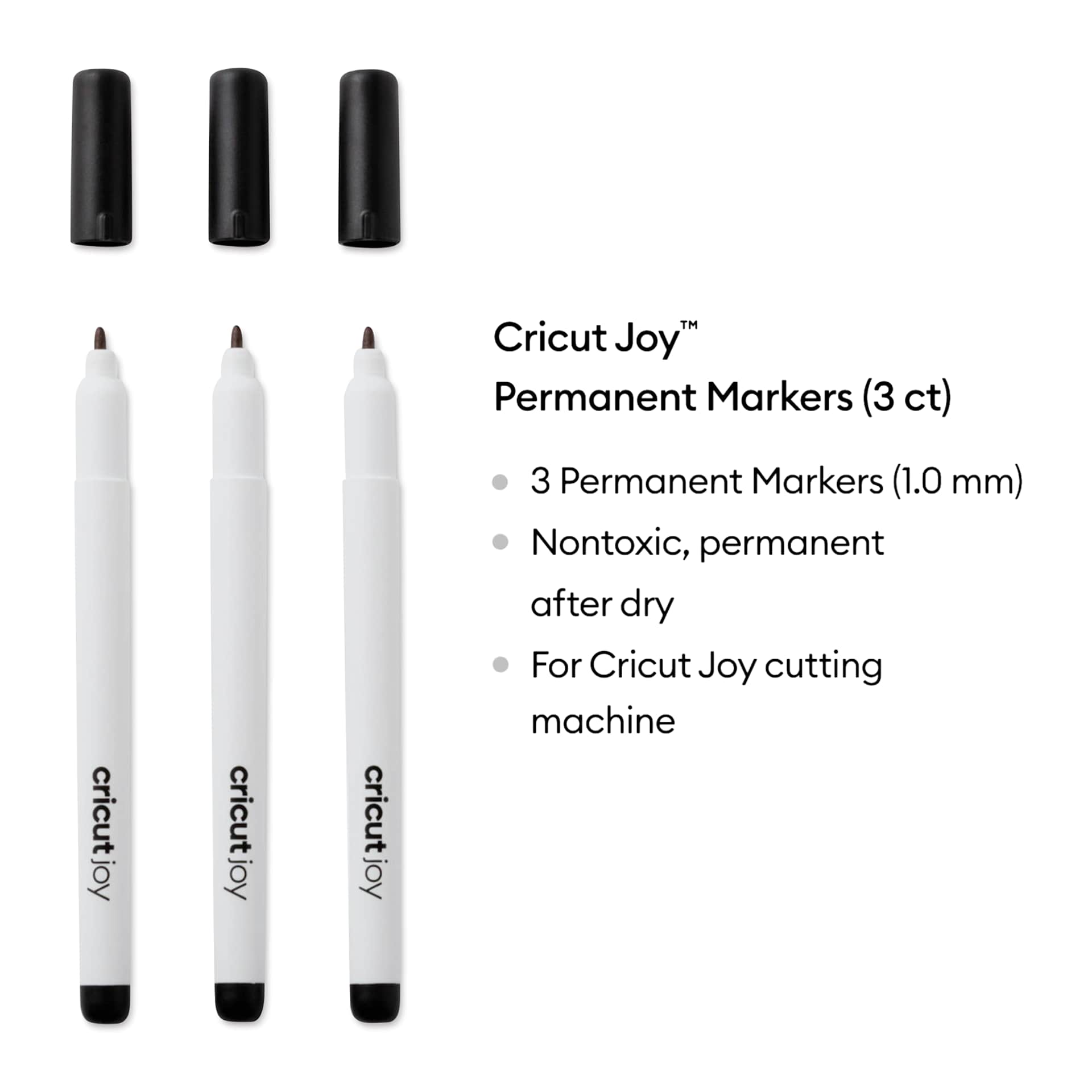 Cricut Joy Permanent Markers - Black, Set of 3, ouside of the packaging with caps off