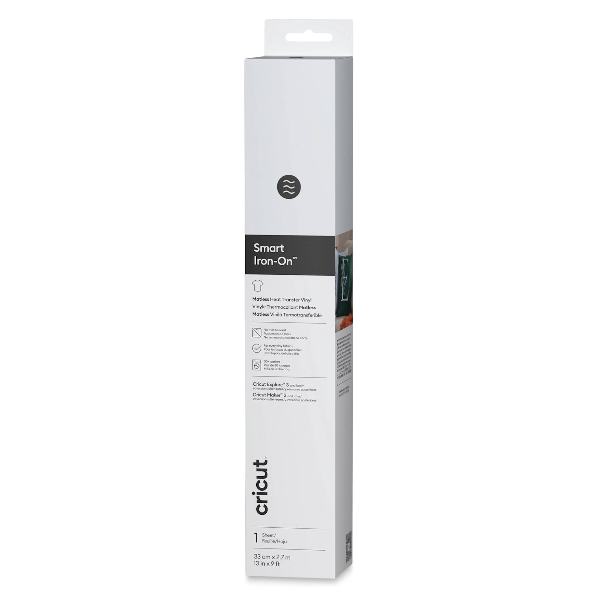 Cricut Smart Iron-On Heat Transfer Vinyl - White, 13" x 9 ft, Roll front of packaging