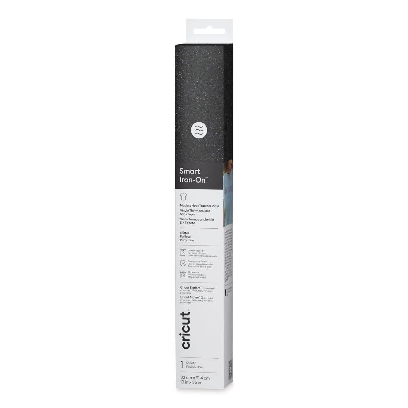 Cricut Smart Iron-On Heat Transfer Vinyl - Black Glitter, 13" x 3 ft, Roll front of packaging