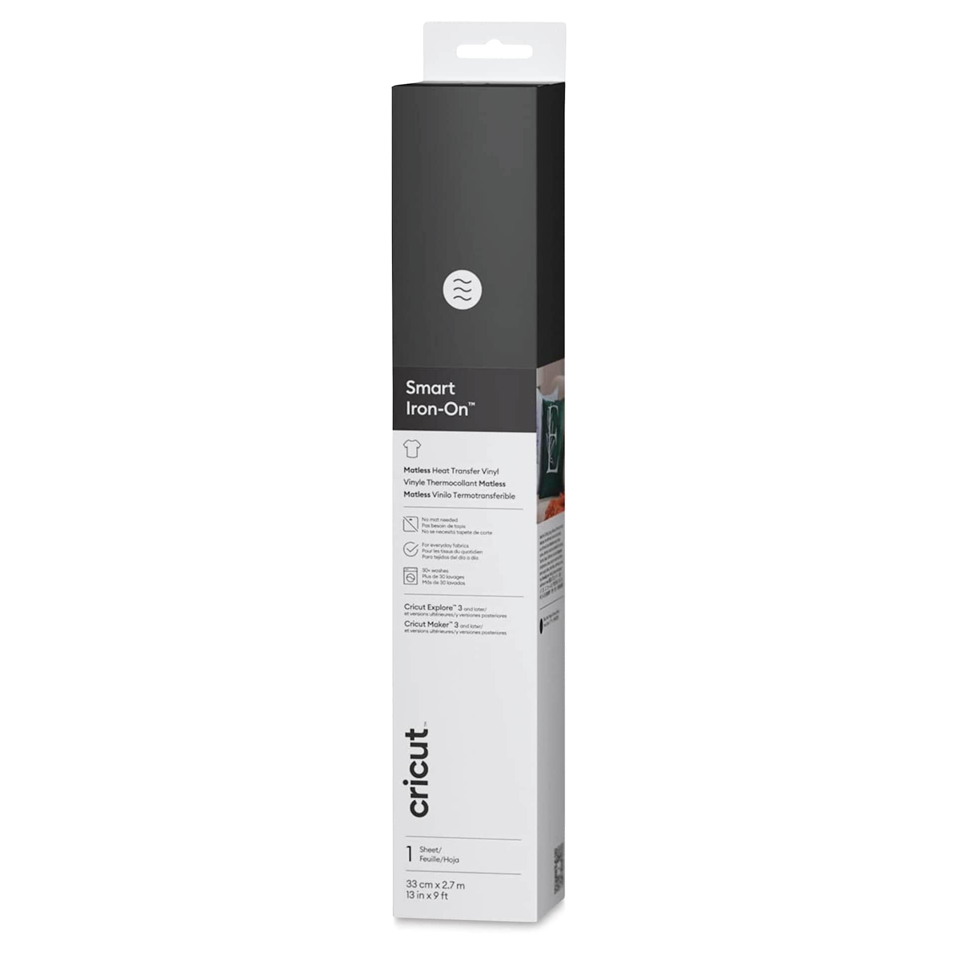 Cricut Smart Iron-On Heat Transfer Vinyl - Black, 13" x 9 ft, Roll front of packaging