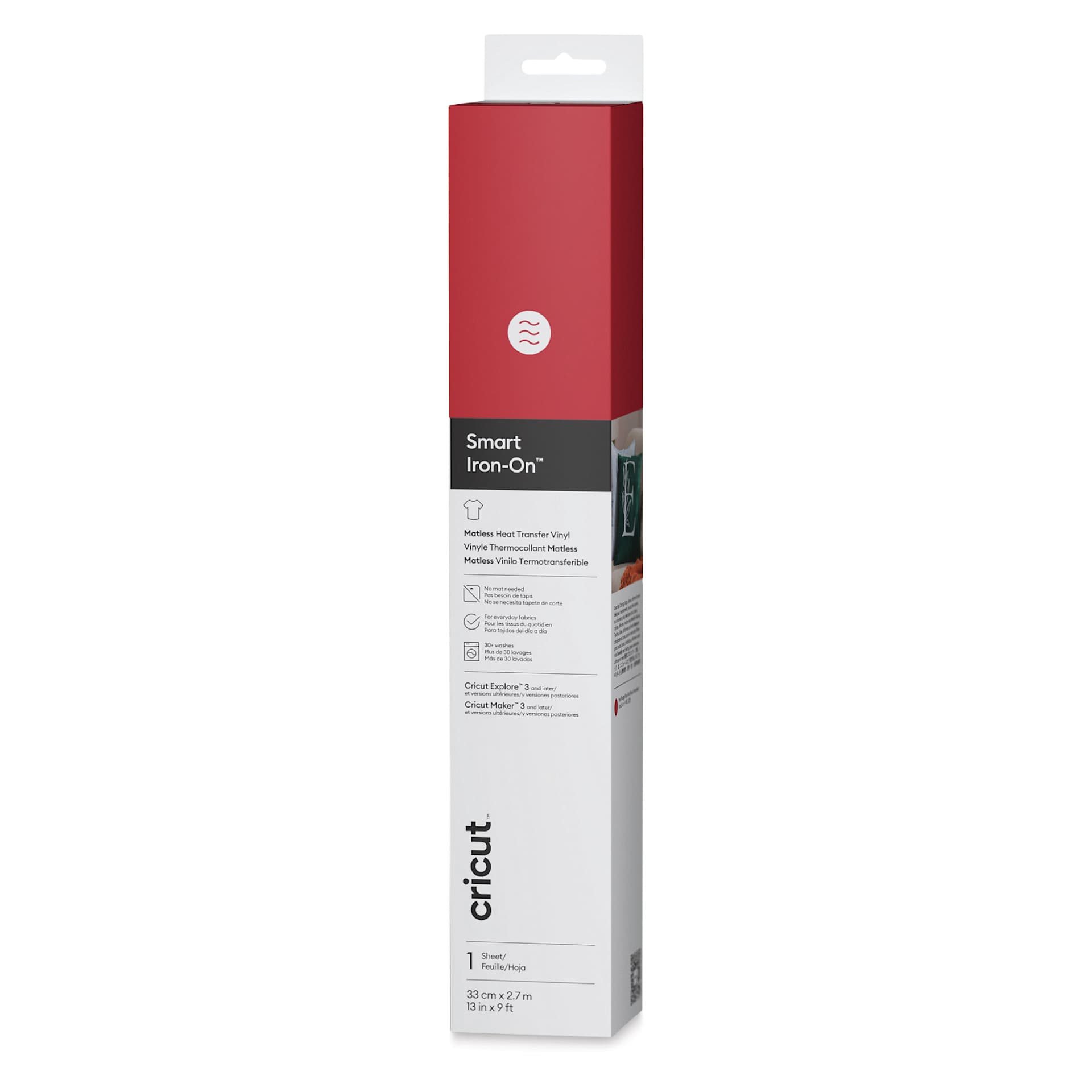 Cricut Smart Iron-On Heat Transfer Vinyl - Red, 13" x 9 ft, Roll front of packaging