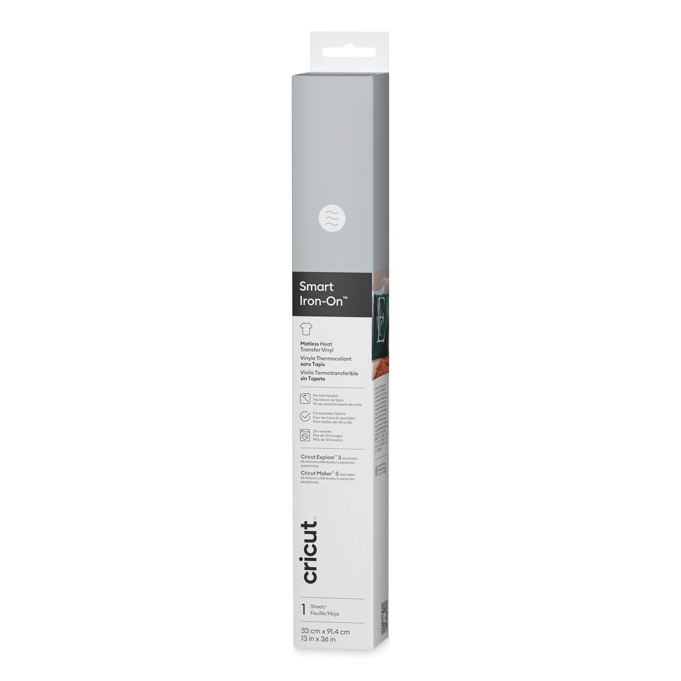 Cricut Smart Iron-On Heat Transfer Vinyl - Silver, 13" x 3 ft Roll front of packaging