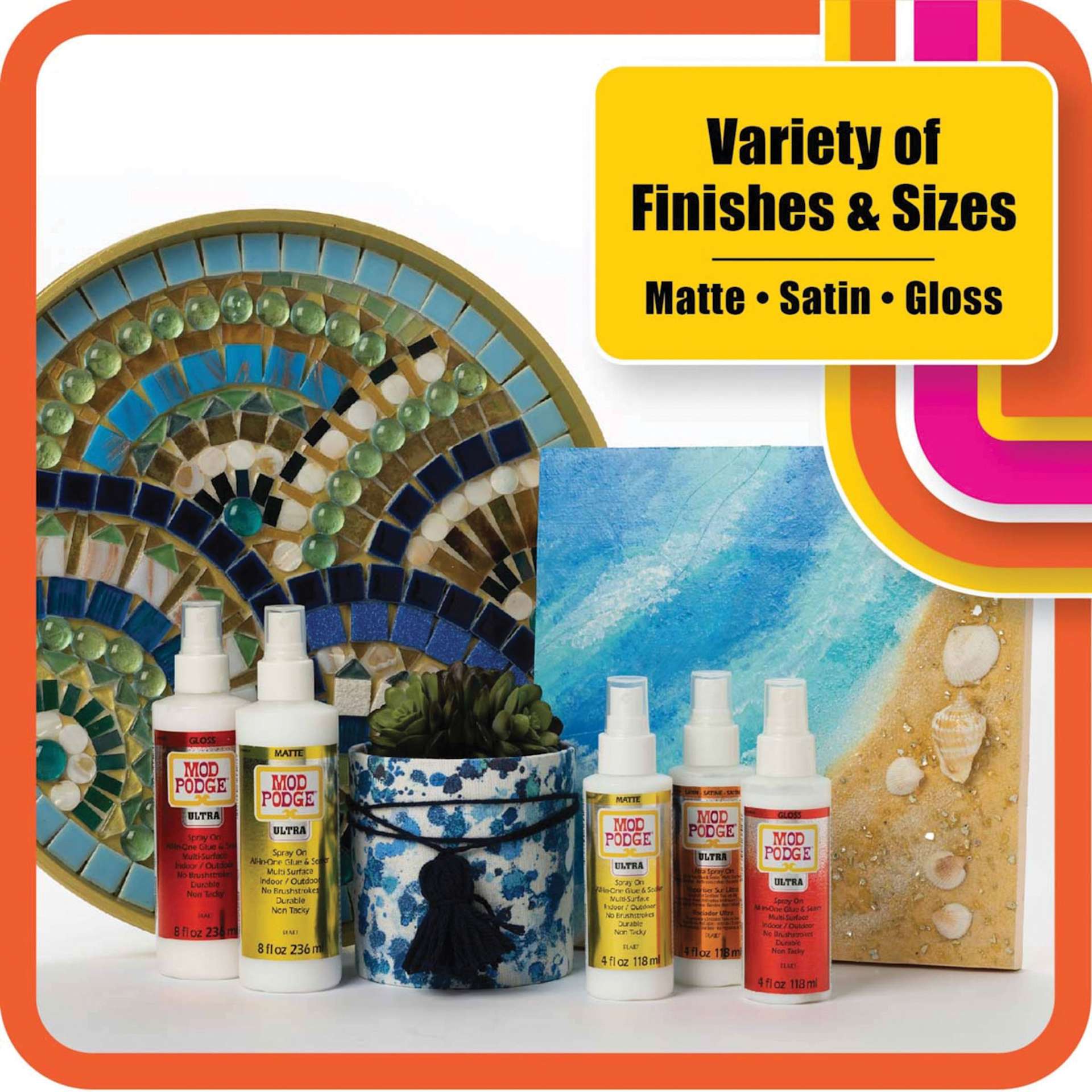Mod Podge Ultra Spray Glue - Bottles of various finishes and sizes laid out