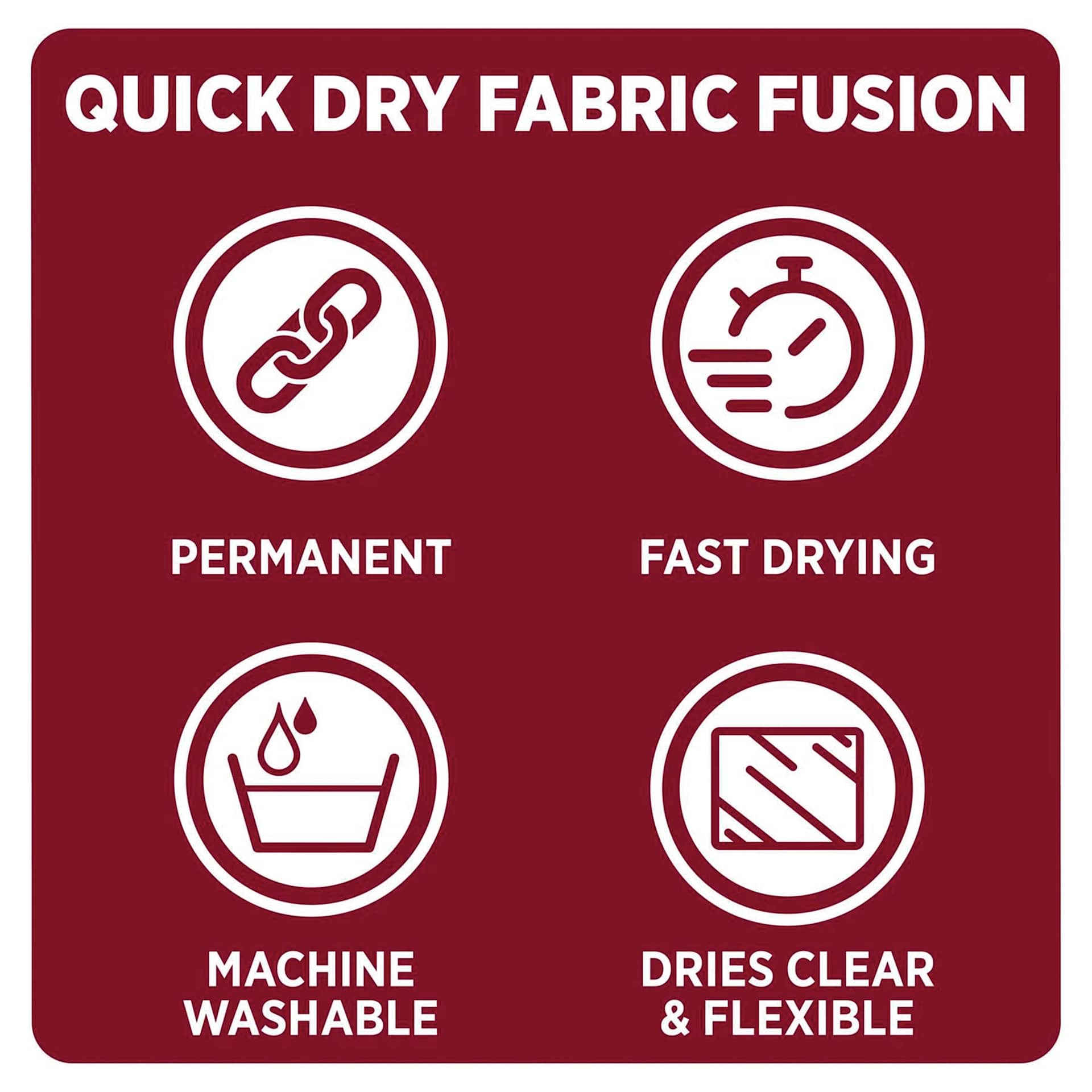 Quick dry fabric fusion: permanent, fast drying, machine washable, dries clear and flexible