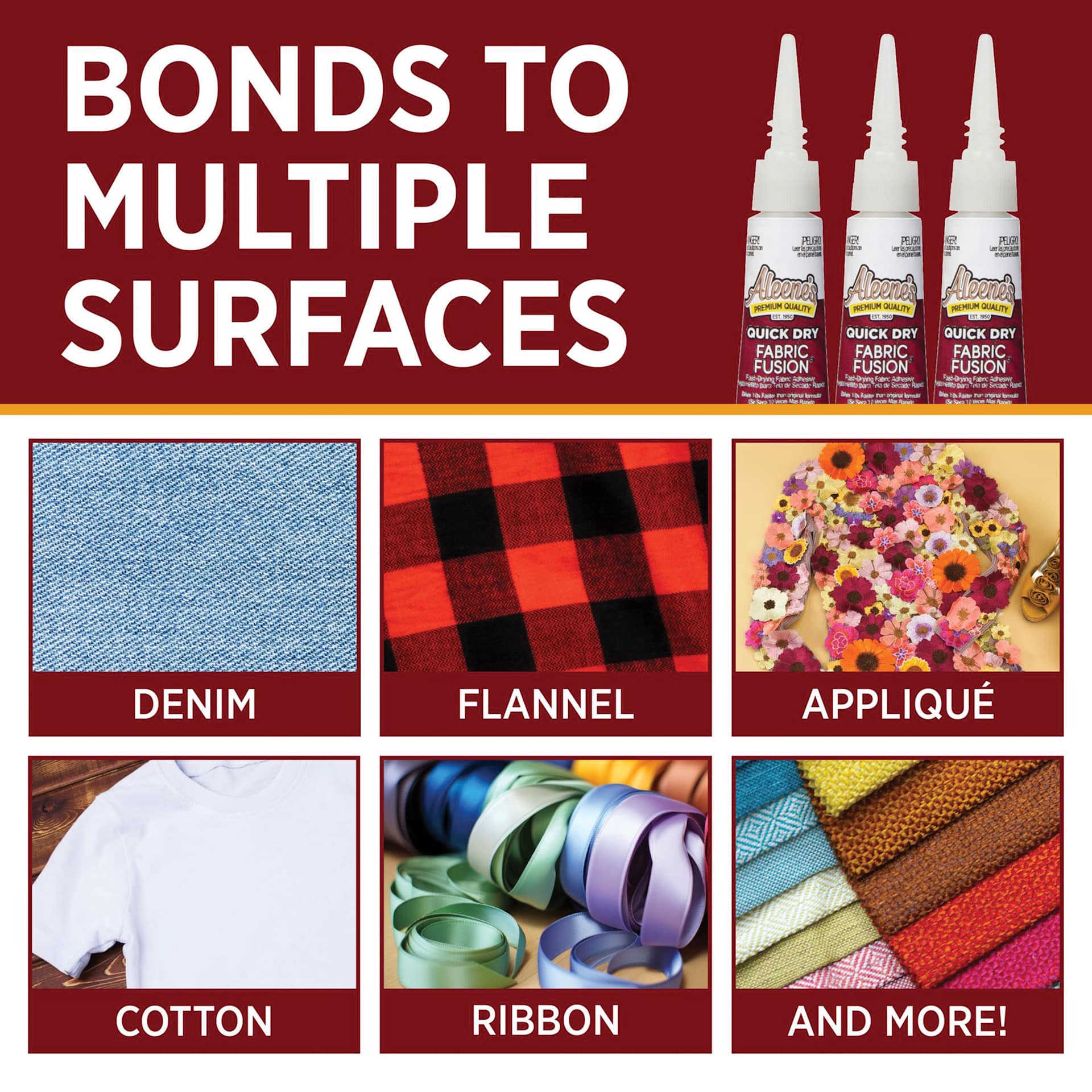 Bonds to multiple surfaces: denim, flannel, applique, cotton, ribbon, and more!