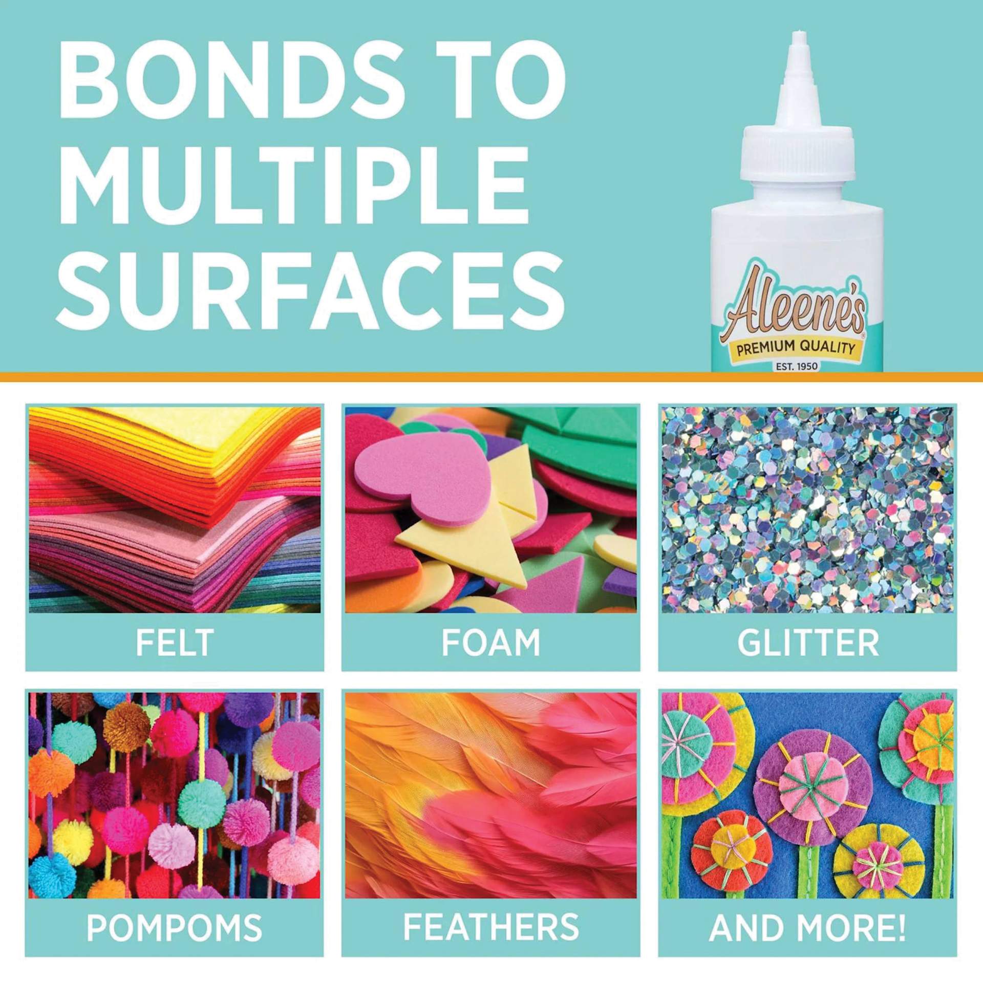 Bonds to multiple surfaces: felt, foam, glitter, pompoms, feathers, and more!