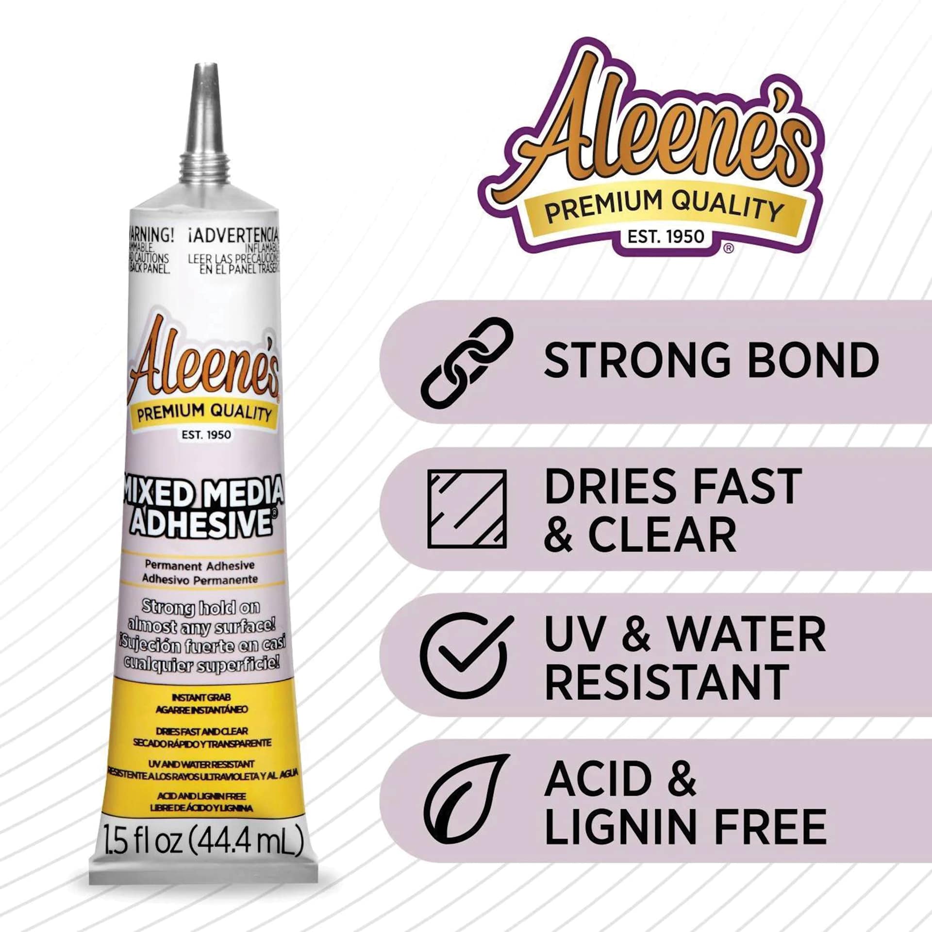 Strong bond, dries fast and clear, uv and water resistant, acid and lignin free.