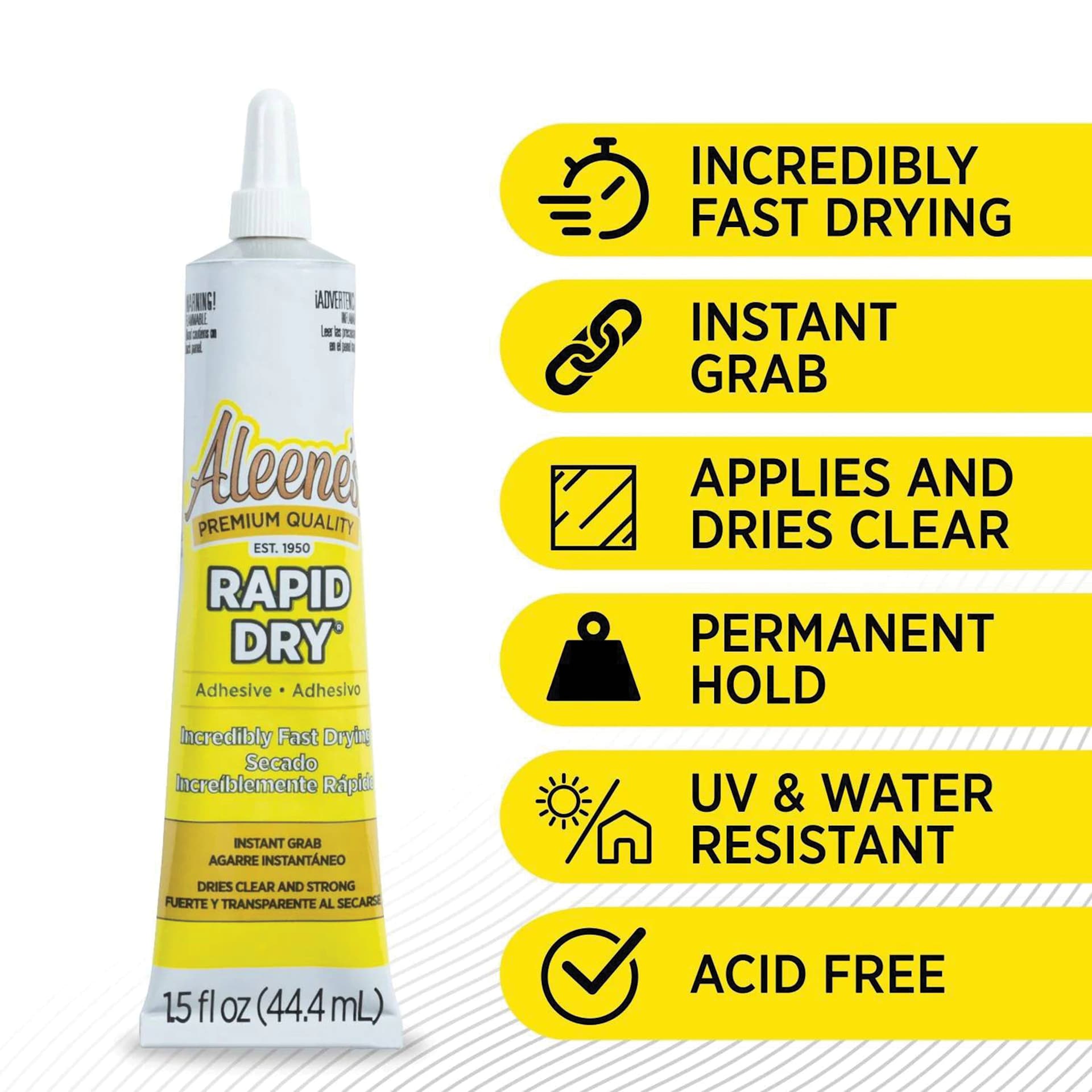 Incredibly fast drying, instant grab, applies and dries clear, permanent hold, uv and water resistant.