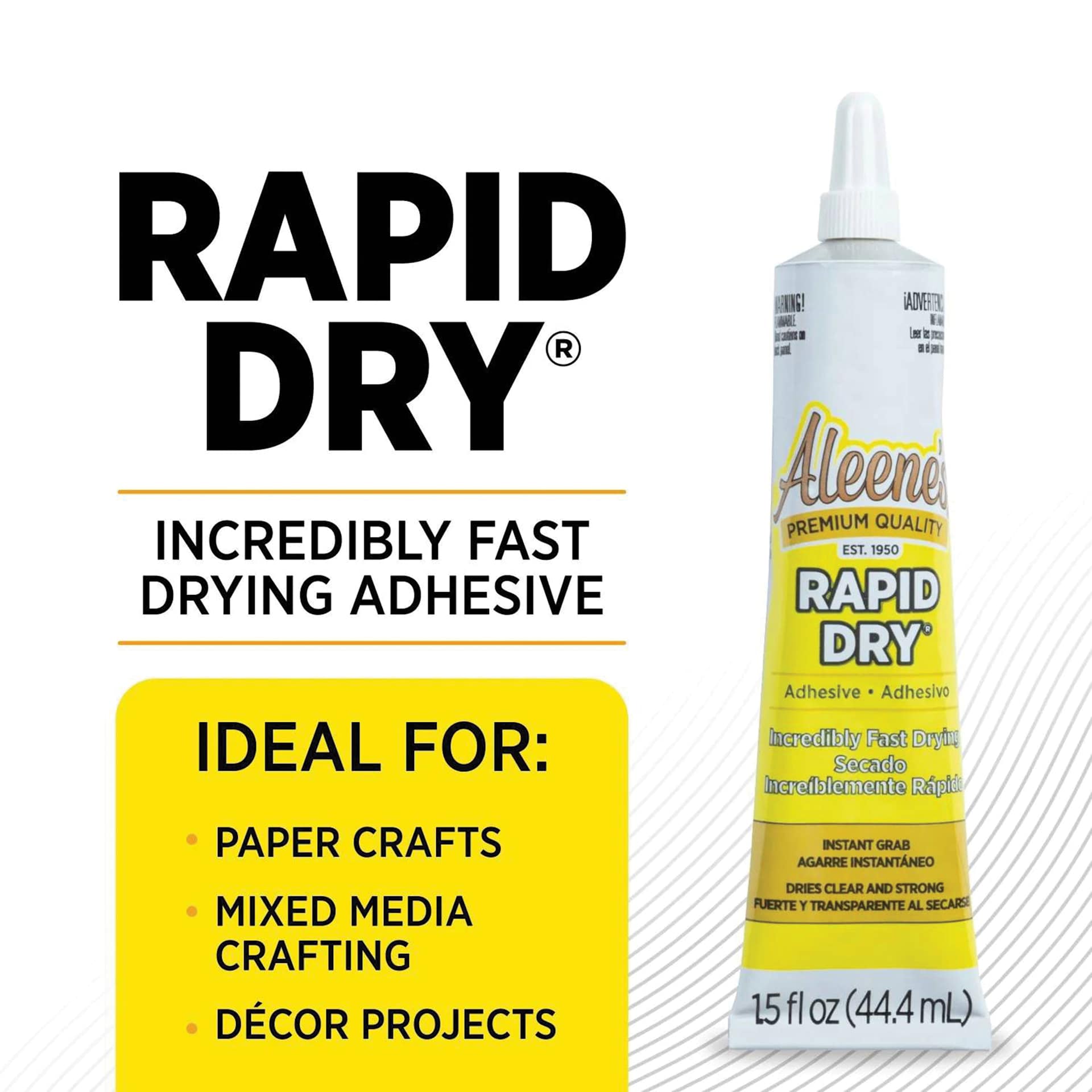 Rapid Dry, incredibly fast drying adhesive. Ideal for: paper crafts, mixed media crafting, and decor projects.