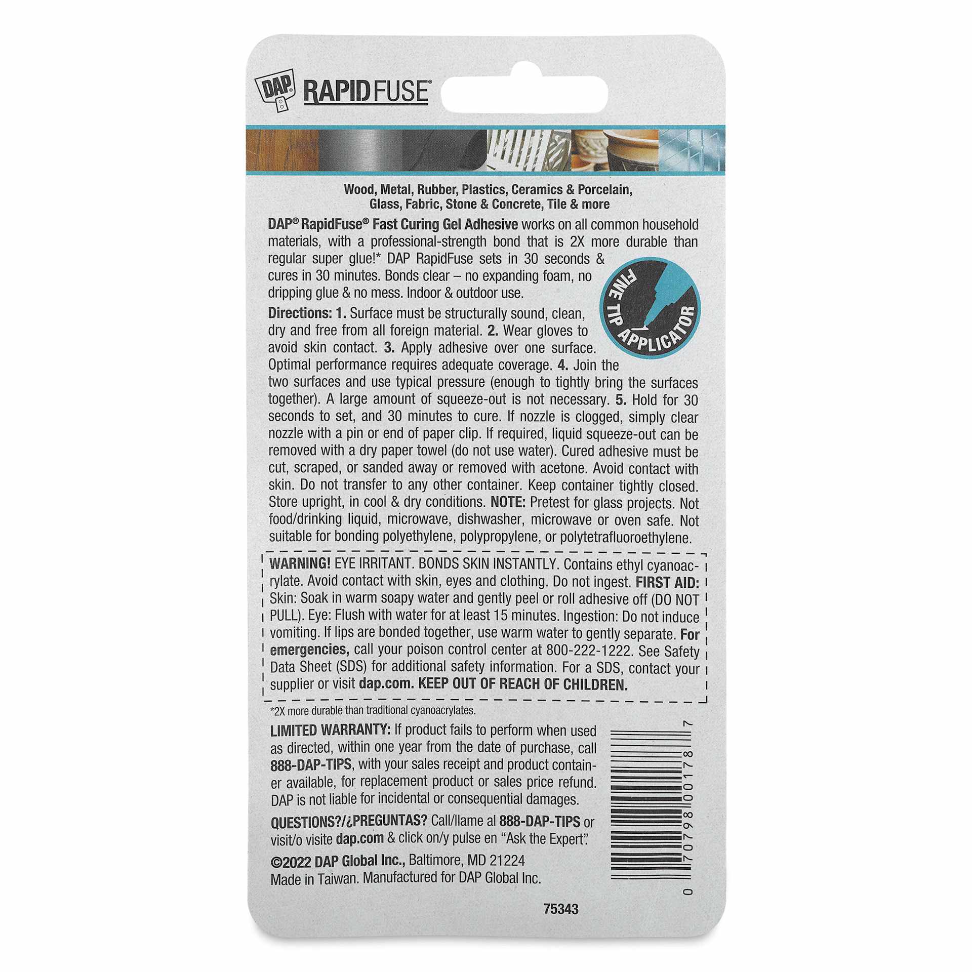 DAP RapidFuse Super Glue Gel Adhesive - No Drip, 0.7 oz - back of packaging