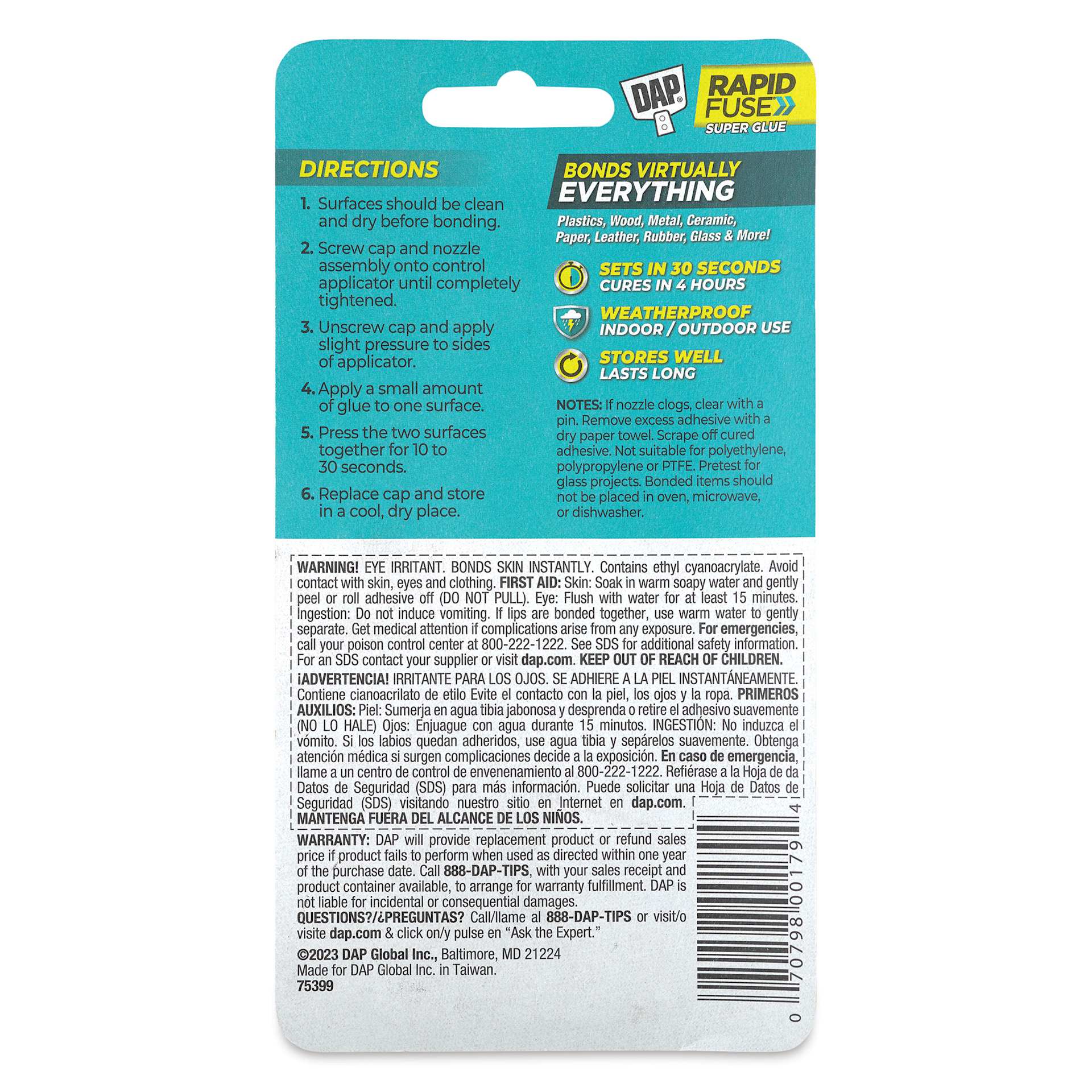 DAP Rapid Fuse Fast Curing Gel- 0.13 oz - back of packaging