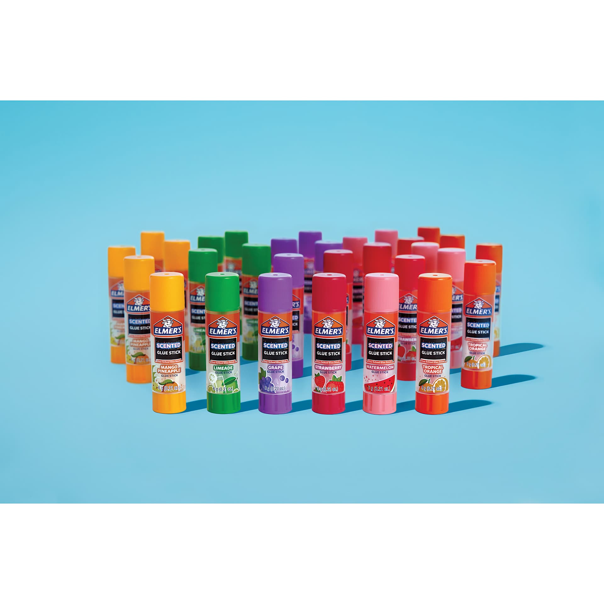 Elmer’s Scented Glue Sticks - Fruity, Pkg of 30, contents laid out