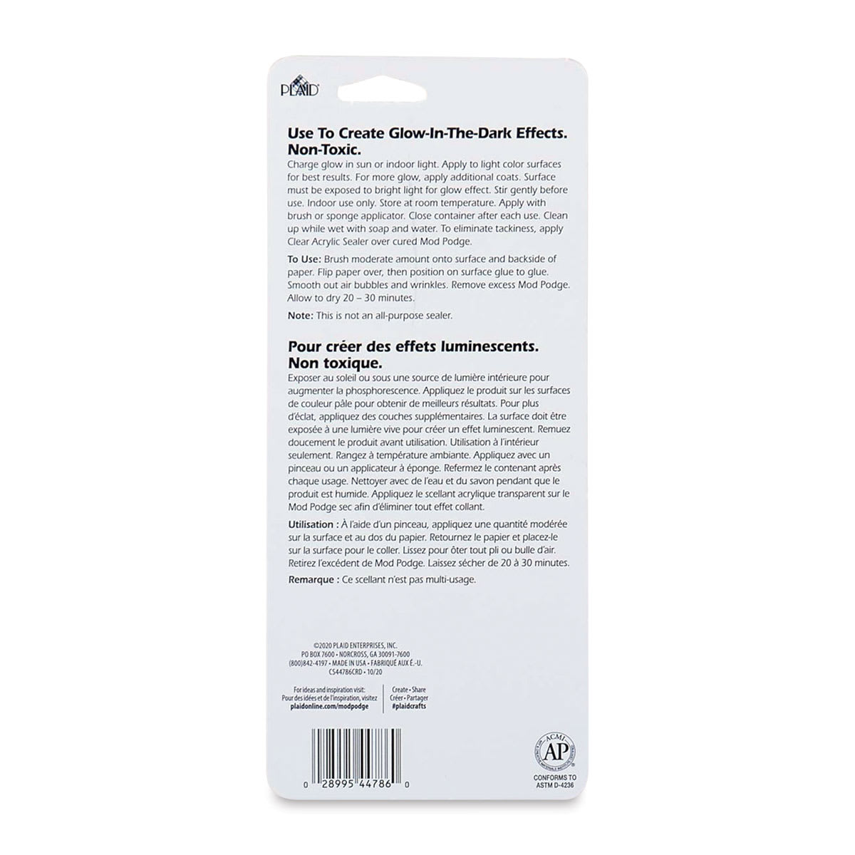Mod Podge Glow-In-The-Dark Decoupage Glue - 4 oz, Back Of Package