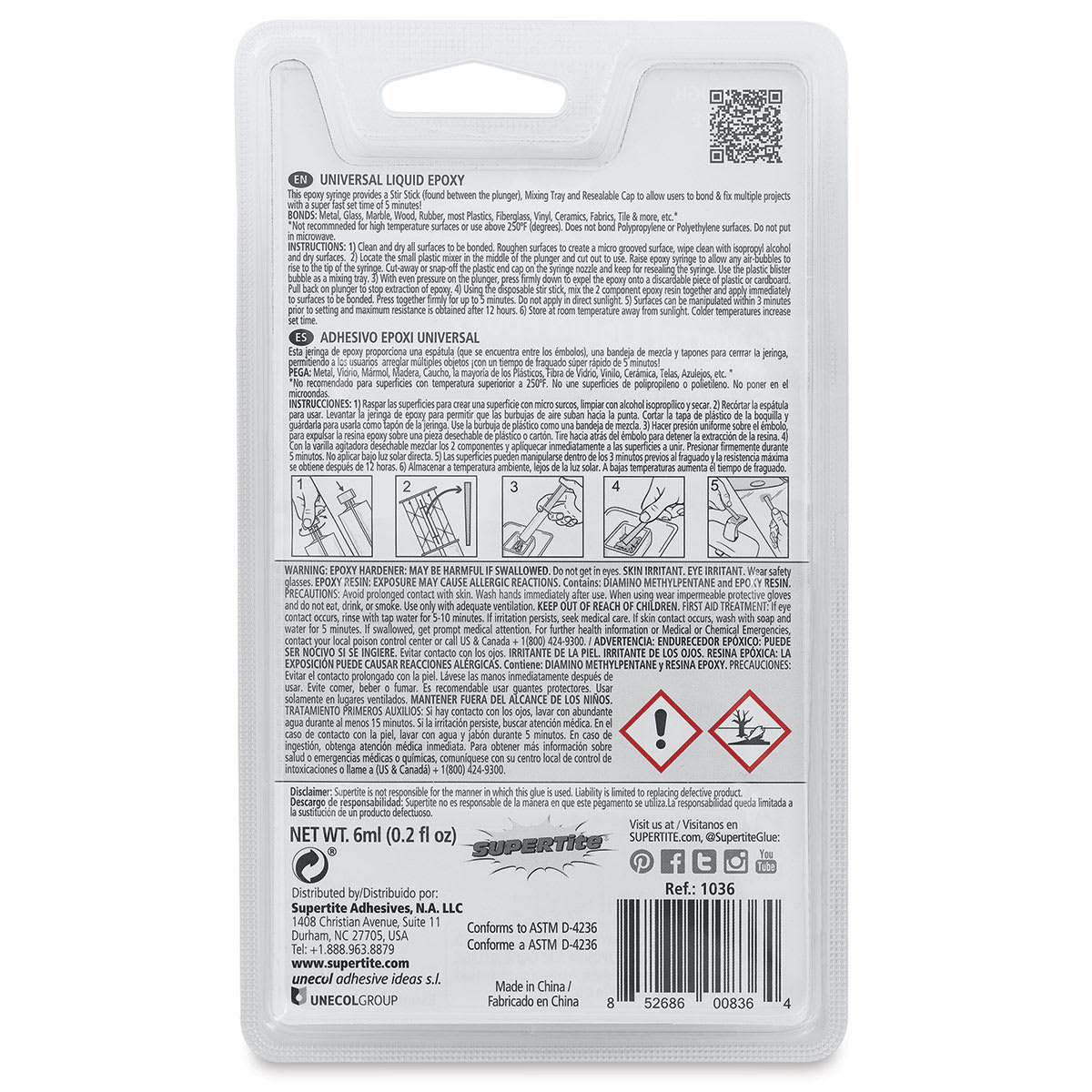 Supertite Universal Liquid Epoxy, 0.2 oz Syringe, Back Of Package