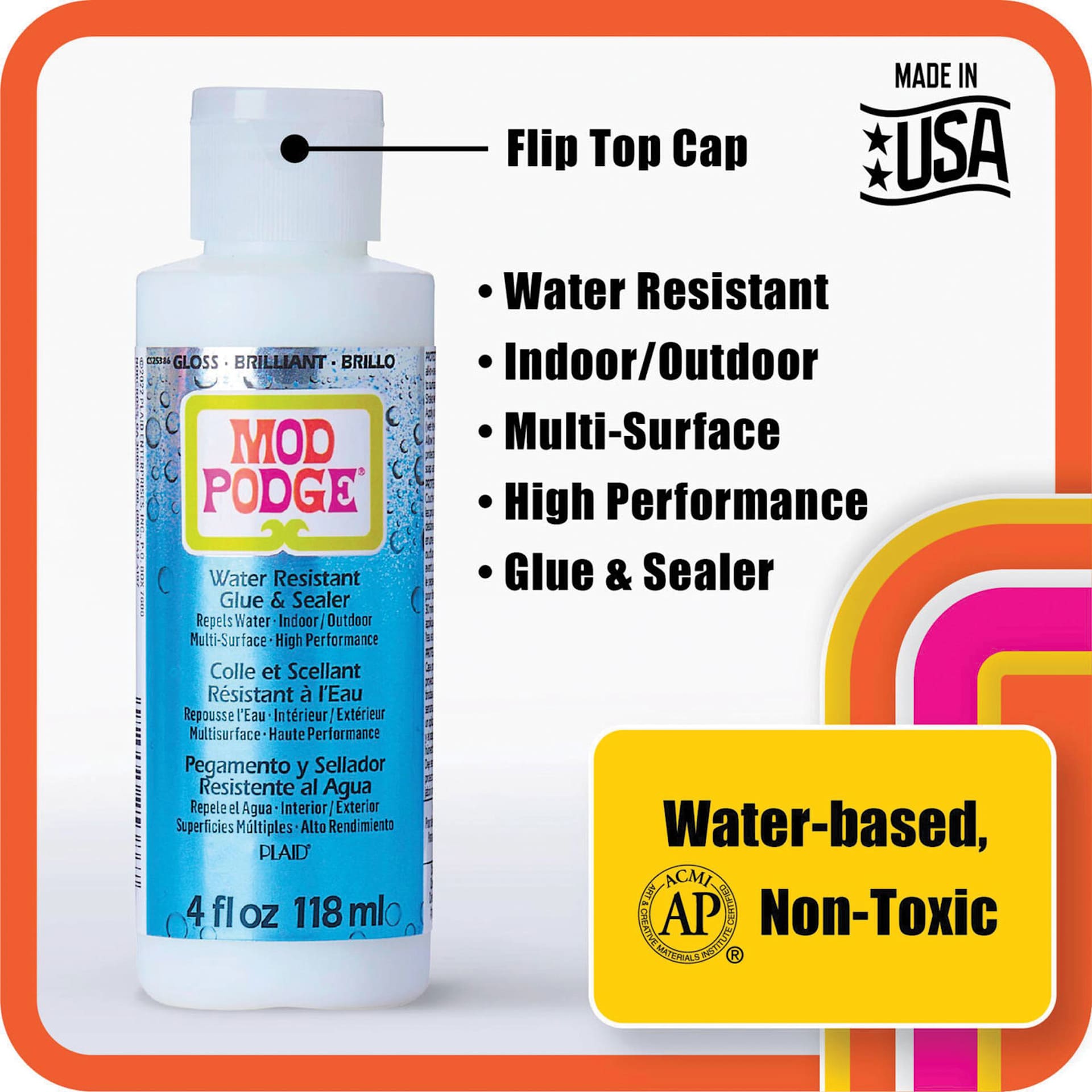 Plaid Mod Podge Water Resistant Glue and Sealer, display of features and specifications