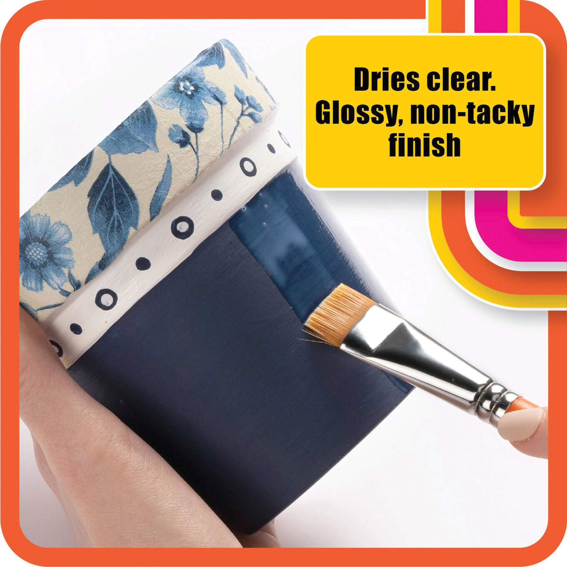 Clear, glossy and non-tacky Mod Podge Water Resistant Glue and Sealer brushed on plant pot
