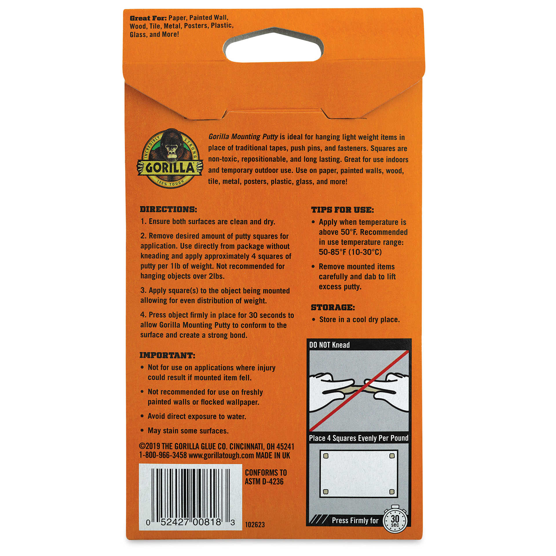 Gorilla Mounting Putty - 2 oz (Back of package)